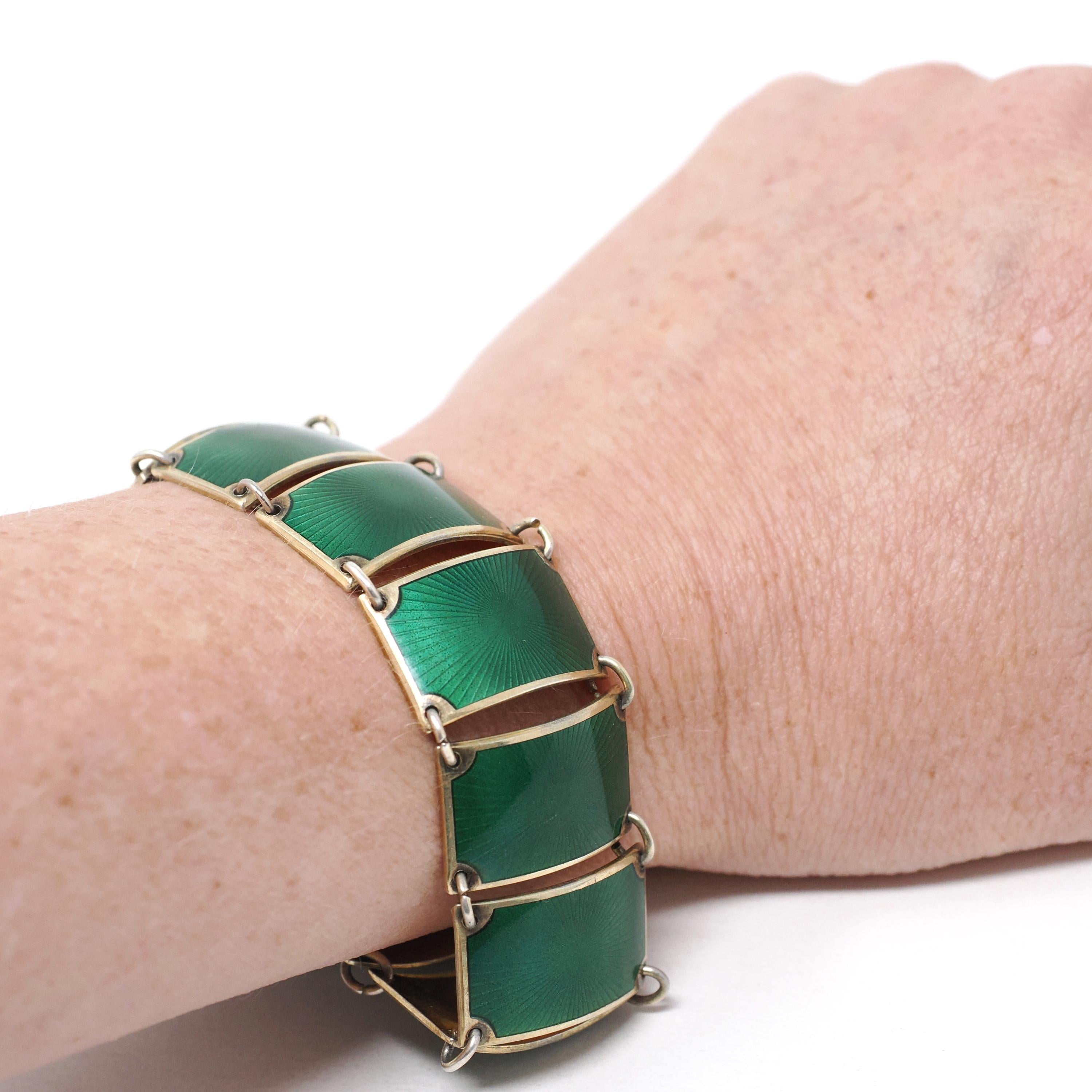 Guilloché Enamel Bracelet - Mid Century Sterling Silver Gold Wash Green Panels - Vintage Circa 1940s Era Statement Norway Norwegian Jewelry