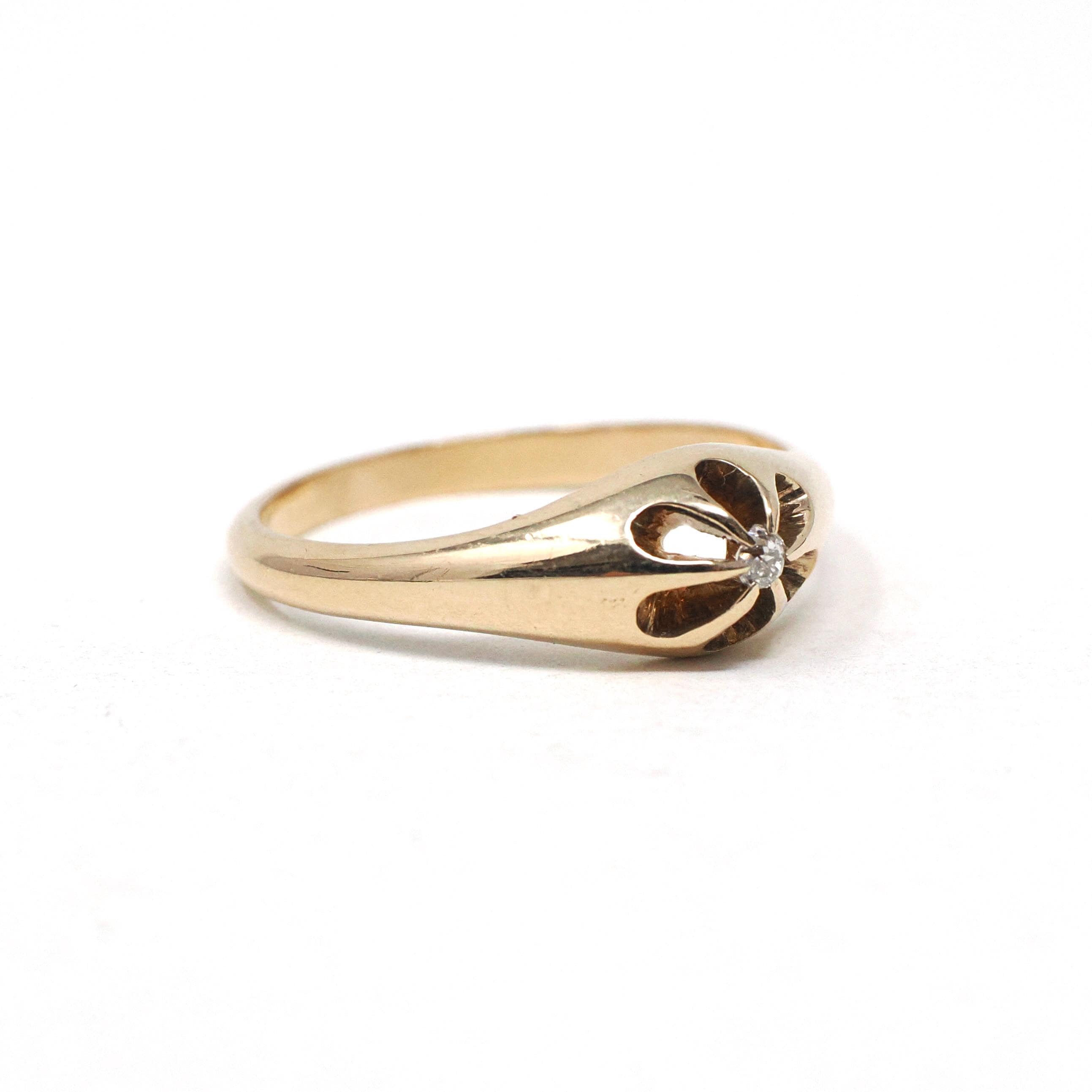 Antique Diamond Ring - Edwardian 14k Yellow Gold Old Mine Cut Belcher Prong Engagement - Circa 1910s Size 6.75 Solitaire Bridal Fine Jewelry