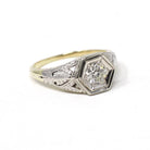 Art Deco Diamond Ring - Antique 14k Yellow White & Yellow Gold .25 CT Old Euro Hex Filigree Solitaire - Circa 1930s Size 3 3/4 Fine Jewelry
