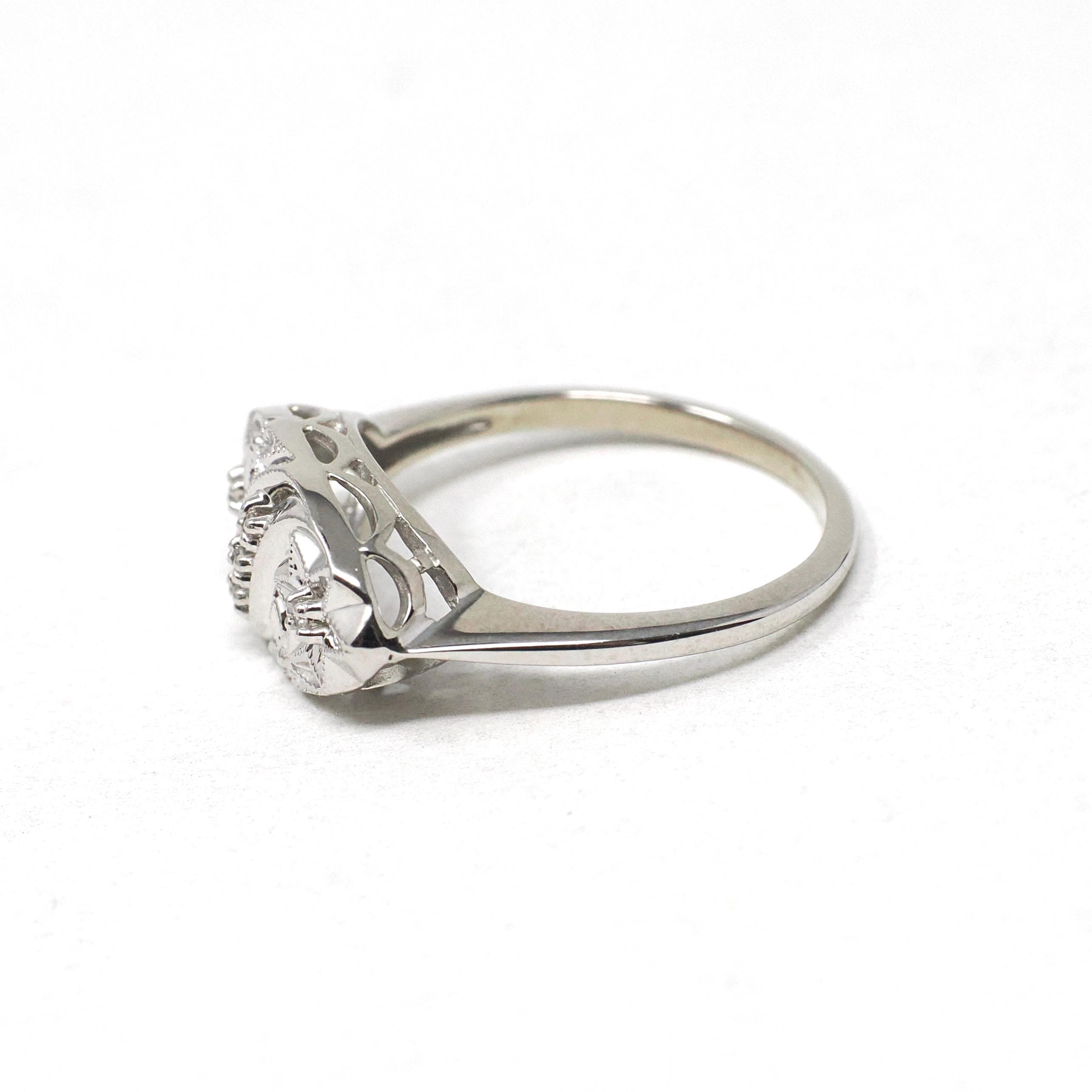 Star Princess Ring - Vintage 14k White Gold Natural .04 CTW Diamonds - Circa 1950s Era Size 6 1/4 Celestial Patriotic Inspired Fine Jewelry