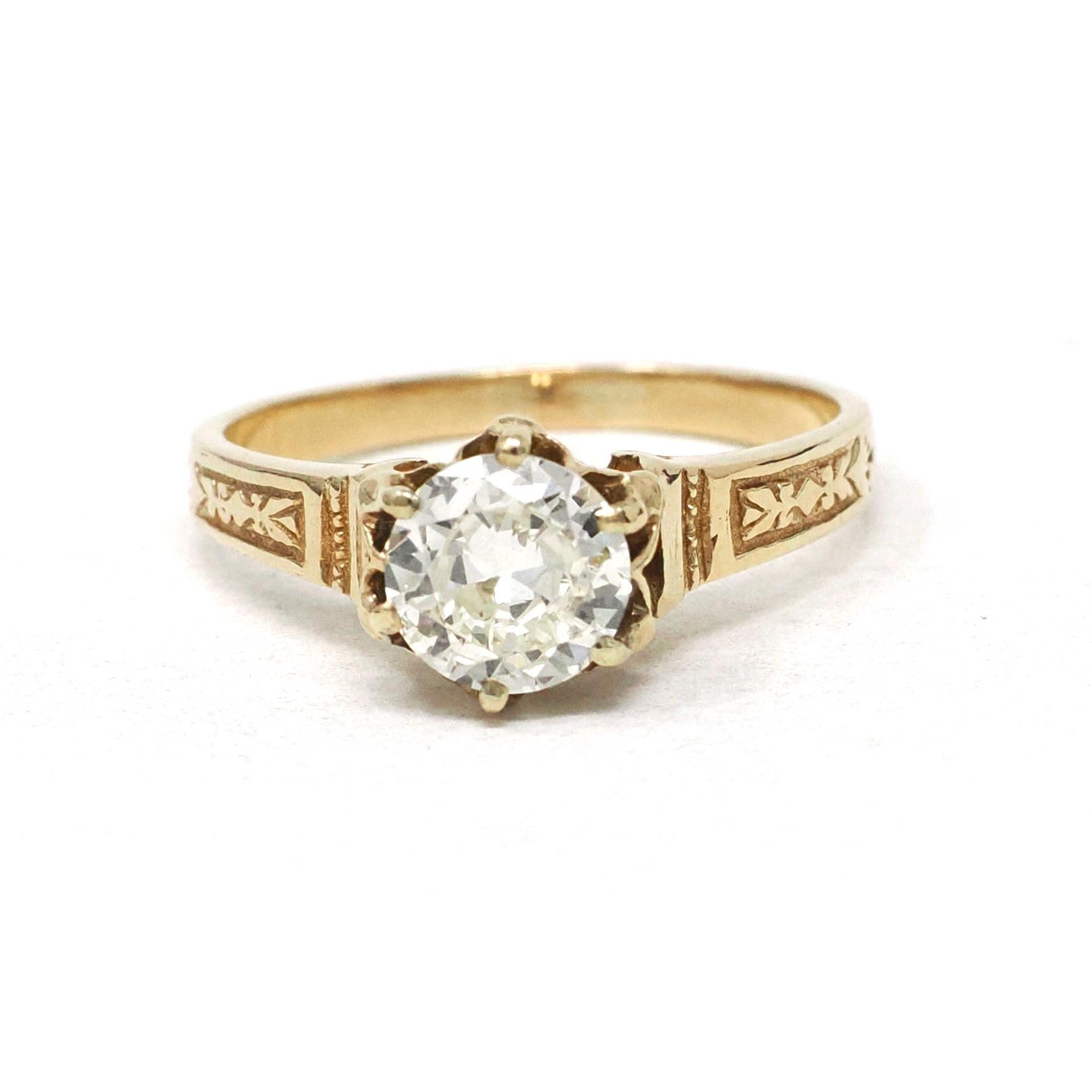 Diamond Engagement Ring - Vintage 14k Yellow Gold .88 CT Old European Cut Solitaire - Victorian Revival Style Size 7 Fine Bridal Jewelry