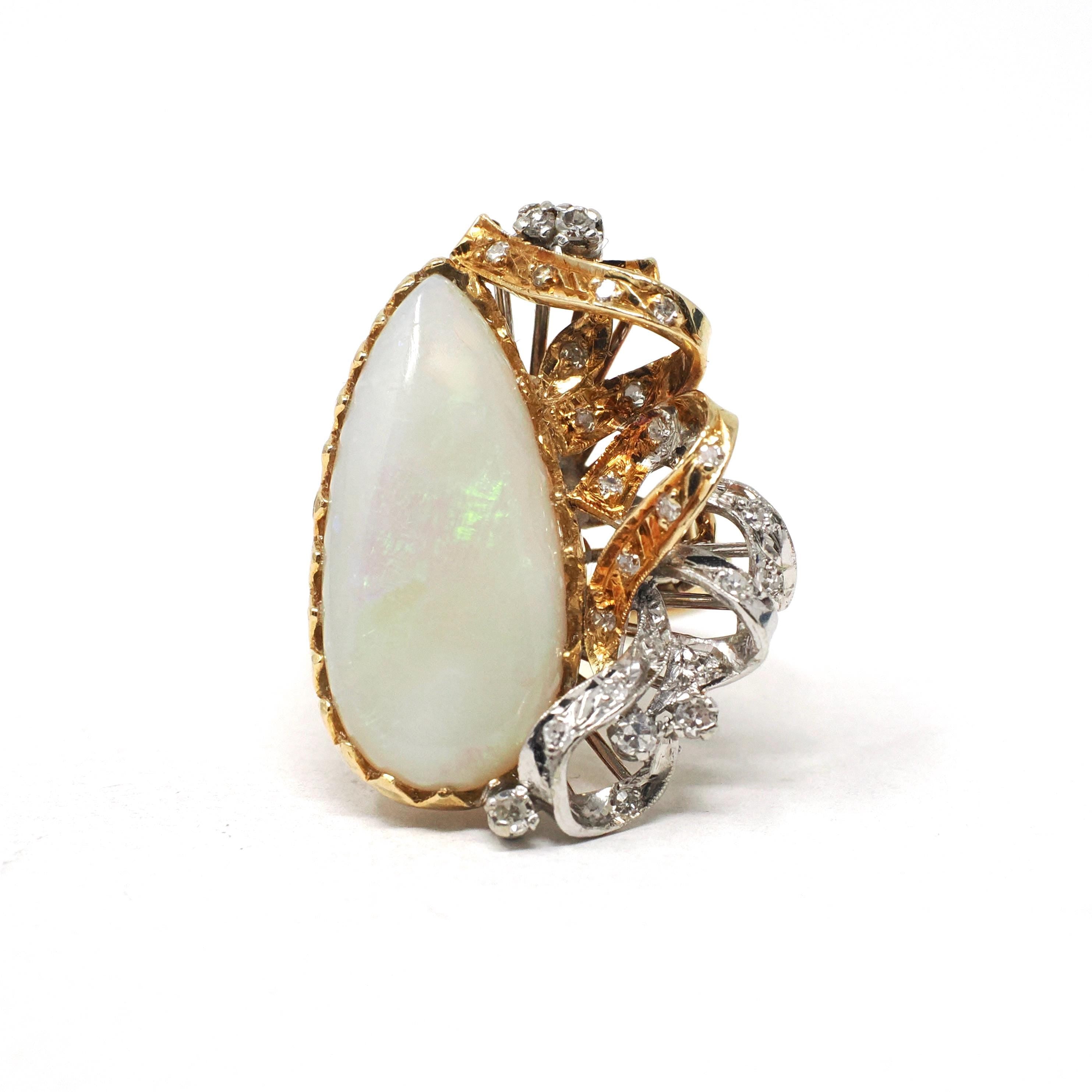 Vintage Opal & Diamond Ring - Retro Era 18k Yellow White Gold Gem Cocktail .23 CTW Accents - Circa 1970s Size 7 Two Tone Ribbon Fine Jewelry