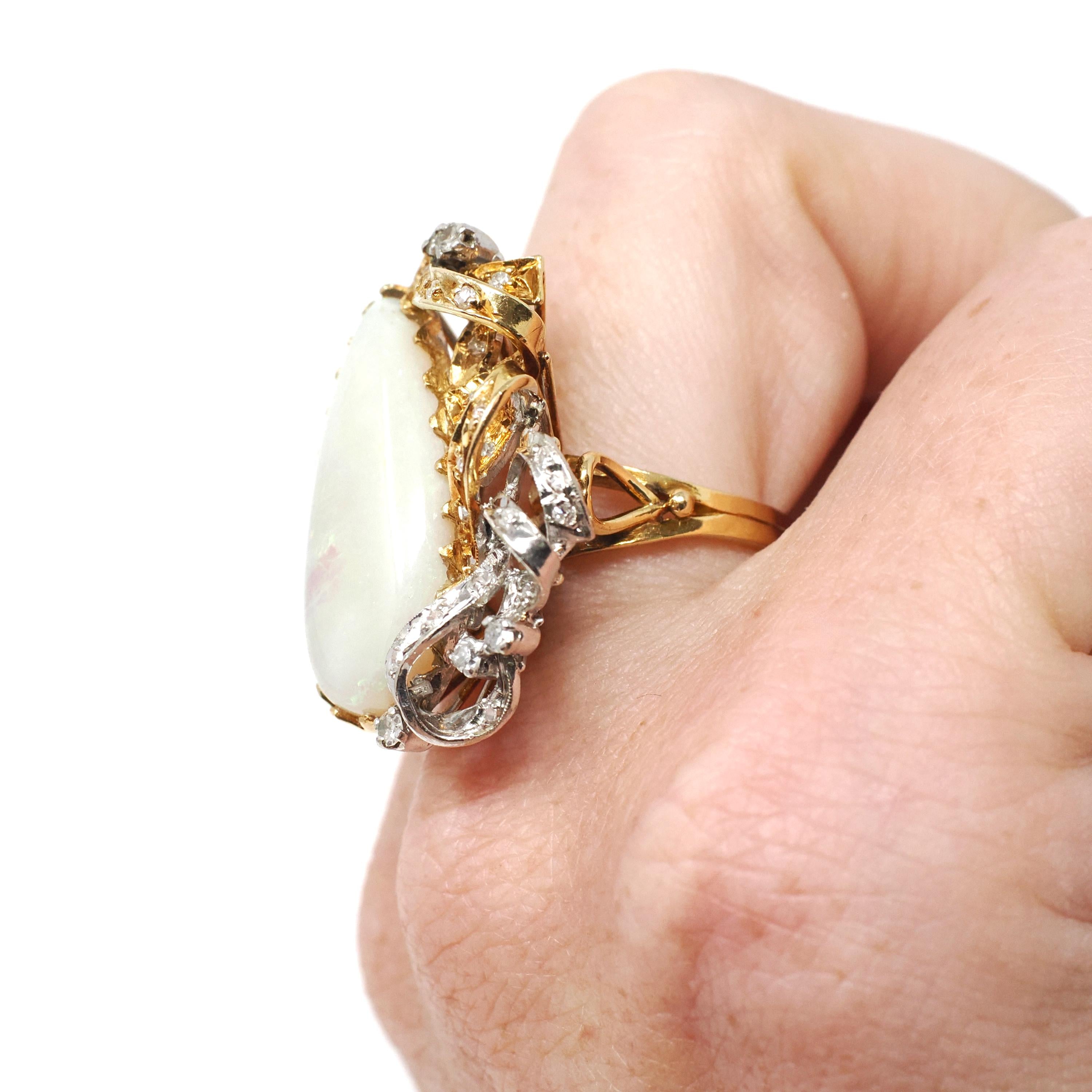 Vintage Opal & Diamond Ring - Retro Era 18k Yellow White Gold Gem Cocktail .23 CTW Accents - Circa 1970s Size 7 Two Tone Ribbon Fine Jewelry