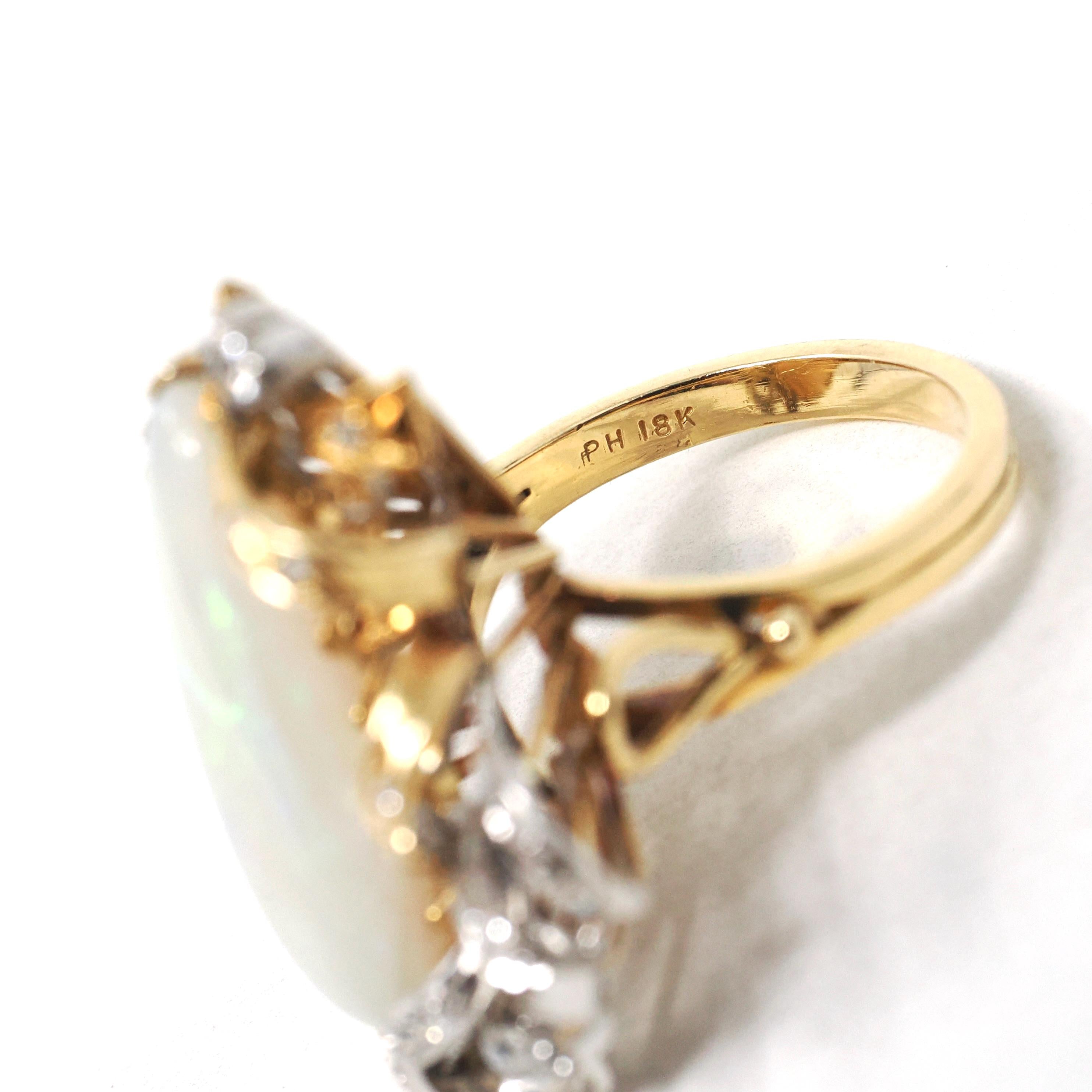Vintage Opal & Diamond Ring - Retro Era 18k Yellow White Gold Gem Cocktail .23 CTW Accents - Circa 1970s Size 7 Two Tone Ribbon Fine Jewelry