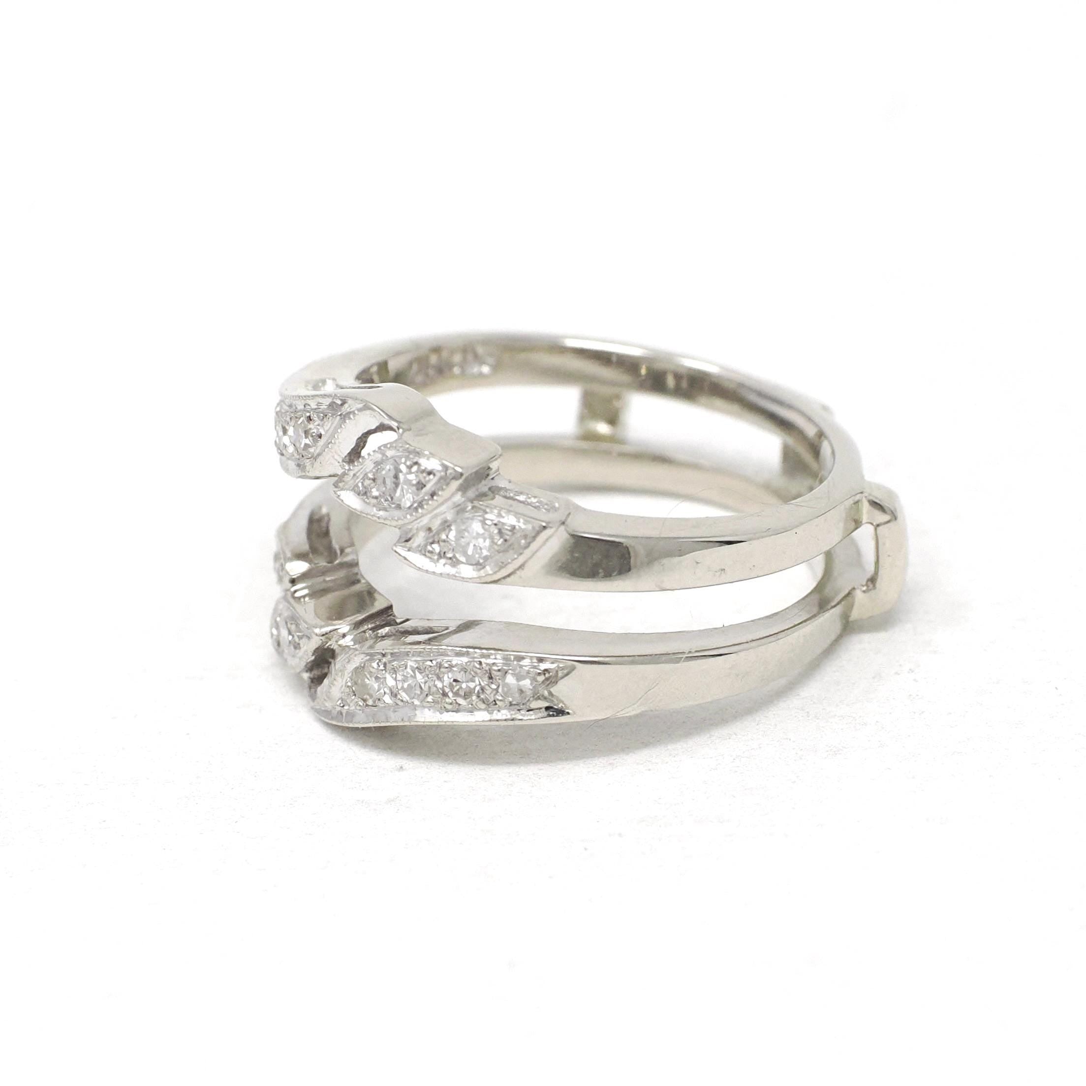 Diamond Insert Ring - Mid Century 14k White Gold .17 CTW Bridal Jacket - Vintage Circa 1960s Era Size 5 Enhancer Wrap Wedding Fine Jewelry