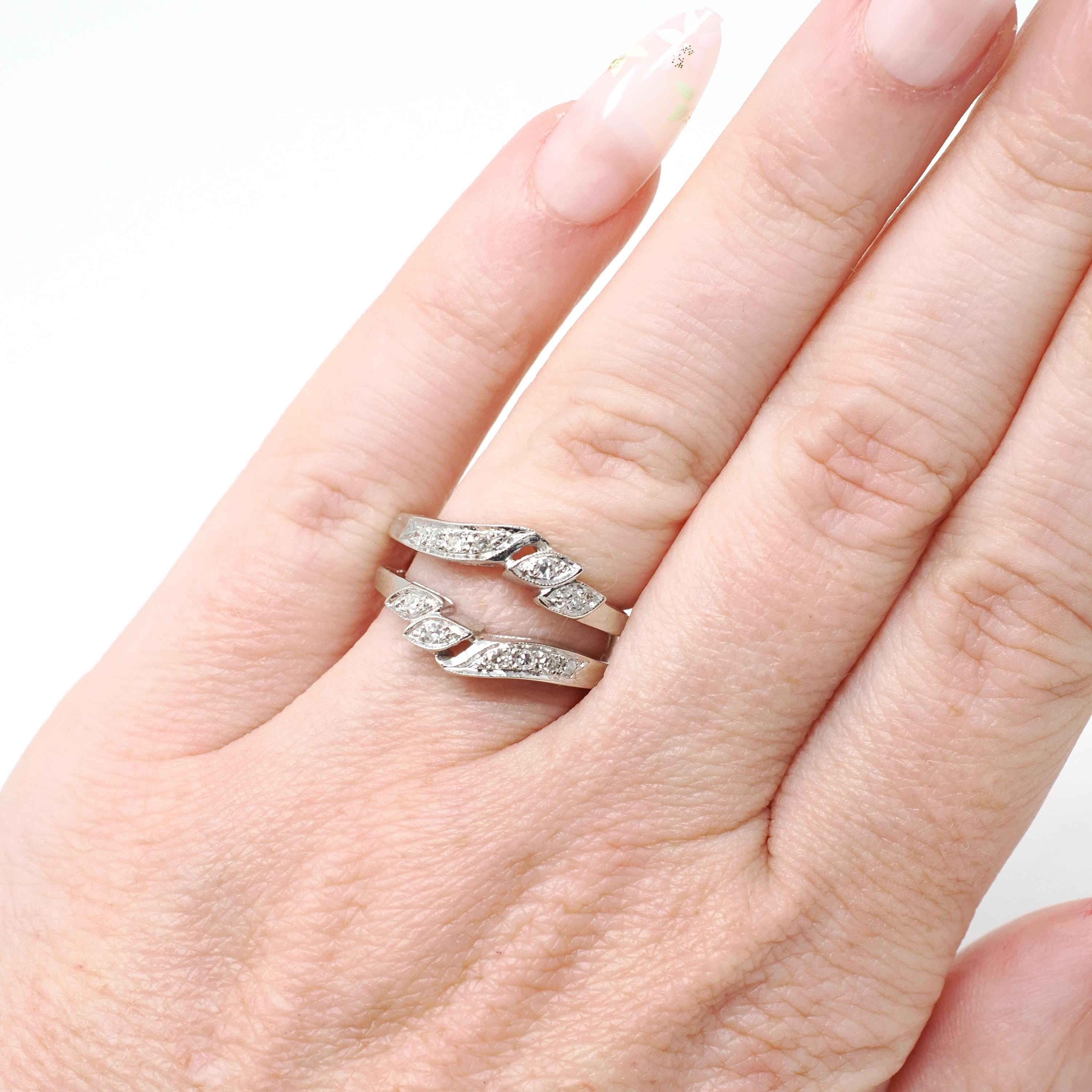 Diamond Insert Ring - Mid Century 14k White Gold .17 CTW Bridal Jacket - Vintage Circa 1960s Era Size 5 Enhancer Wrap Wedding Fine Jewelry