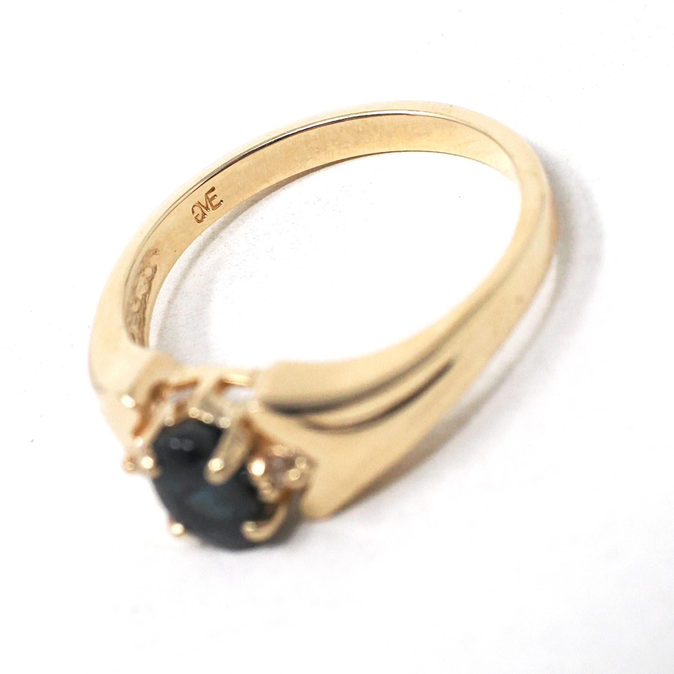 Modern Sapphire Ring - Vintage 14k Yellow Gold Natural Blue Gem & Diamond Accents - Estate Circa 1990s Era Size 6.75 Fine Statement Jewelry