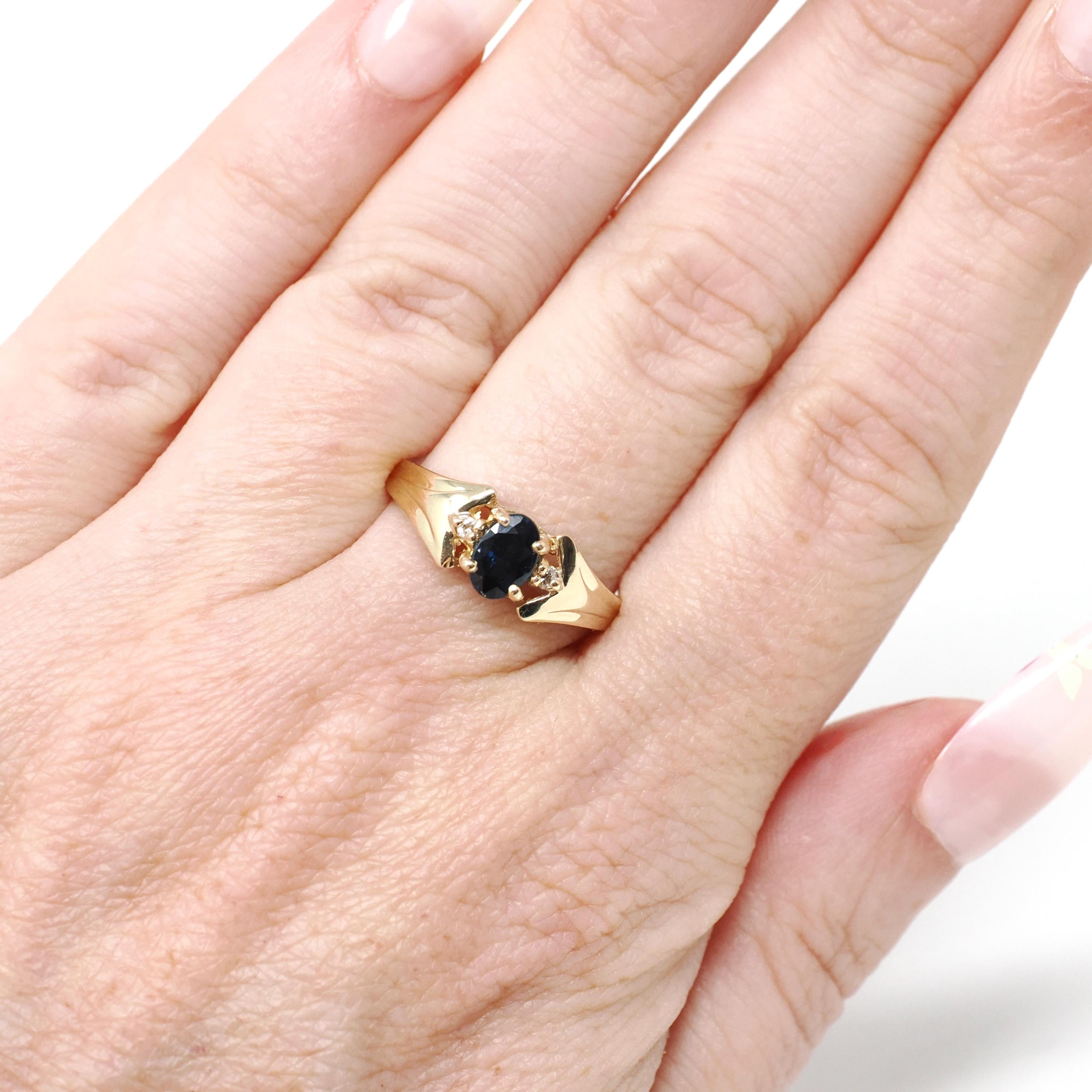 Modern Sapphire Ring - Vintage 14k Yellow Gold Natural Blue Gem & Diamond Accents - Estate Circa 1990s Era Size 6.75 Fine Statement Jewelry