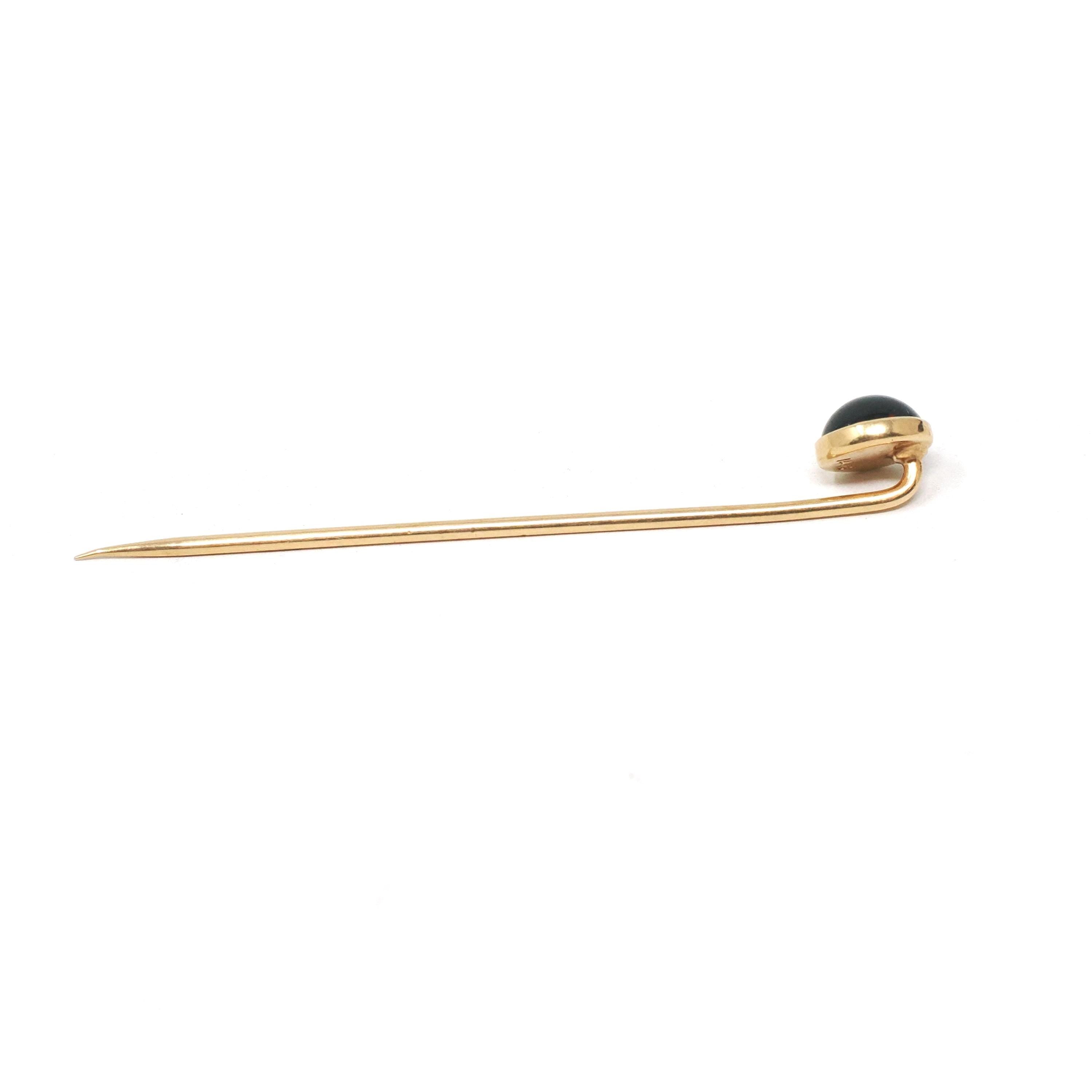 Bloodstone Stick Pin - Edwardian 14k Yellow Gold Natural Cabochon Cut Gem - Antique Circa 1910s Era Fashion Accessory Neckwear Fine Jewelry