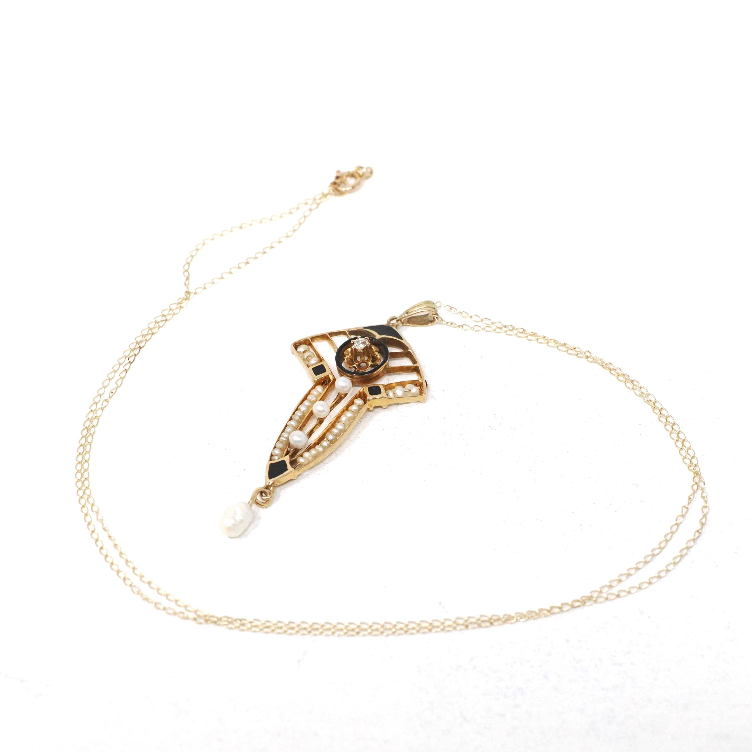 Edwardian Lavalier Pendant - Antique 10k Gold .02 CT Natural Diamond Black Enamel Charm Necklace - Circa 1910s Era Seed Pearl Fine Jewelry