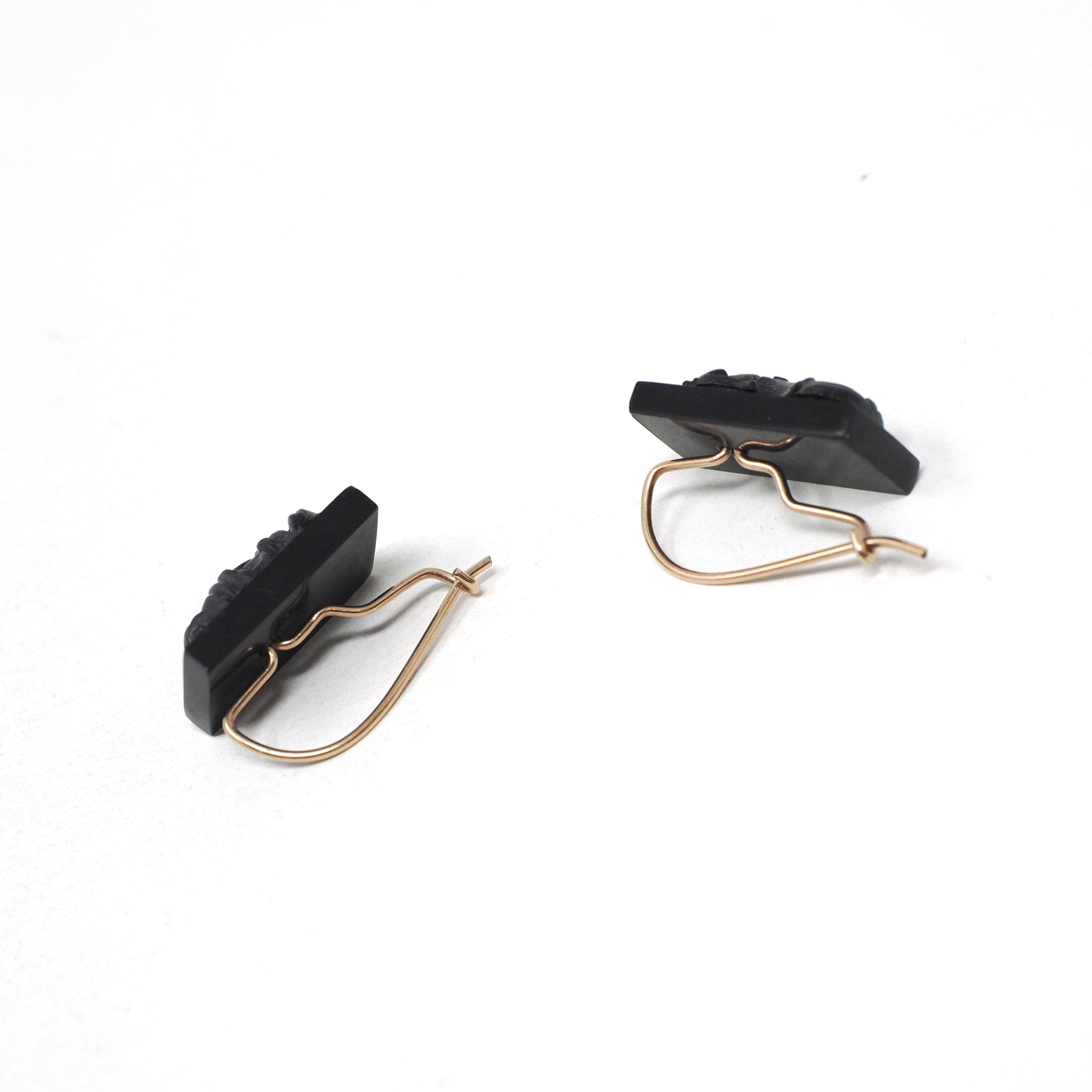 Victorian Cameo Earrings - Antique 10k Yellow Gold Black Glass Warrior Portrait Statement Drops - Circa 1880s French Jet Wire Hook Jewelry