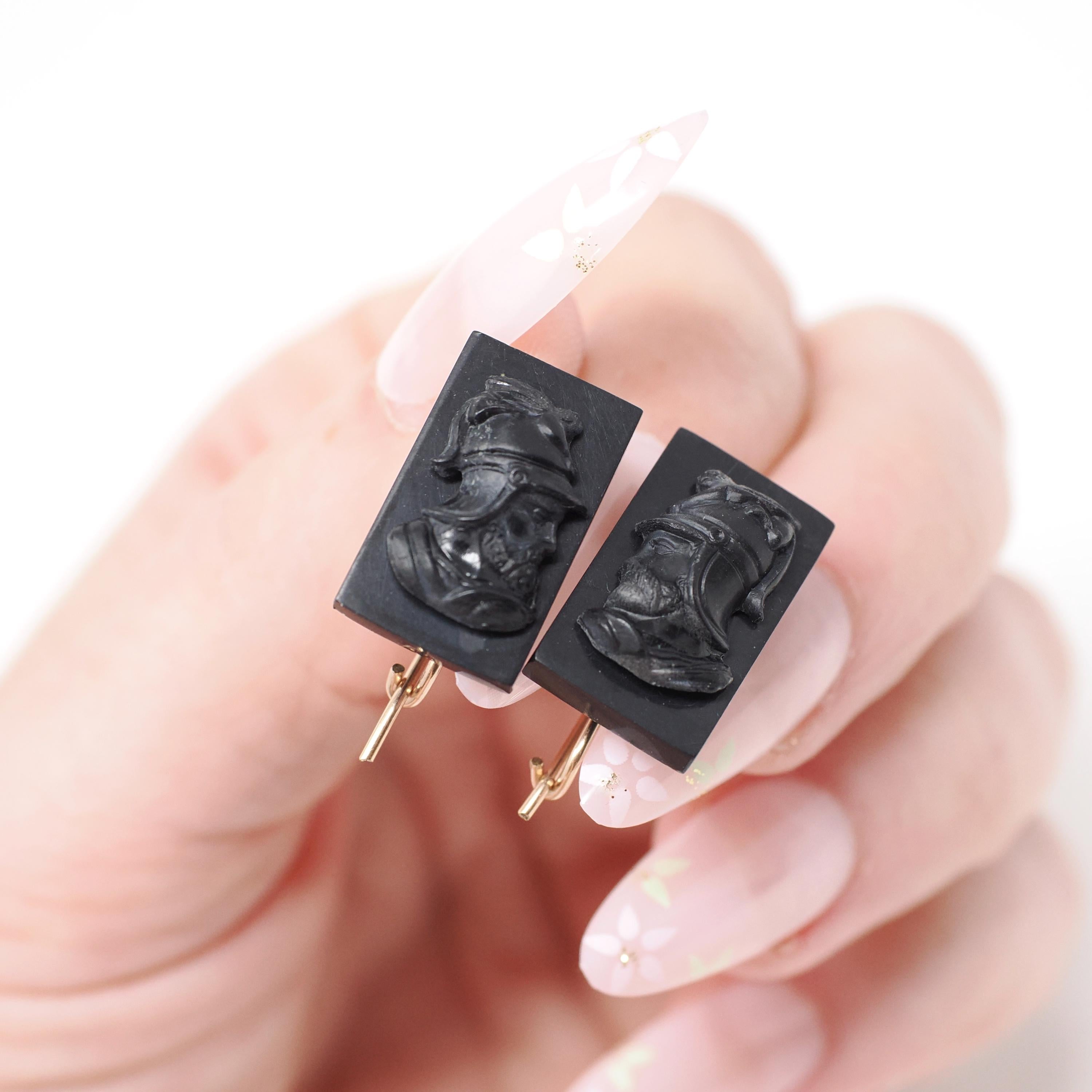 Victorian Cameo Earrings - Antique 10k Yellow Gold Black Glass Warrior Portrait Statement Drops - Circa 1880s French Jet Wire Hook Jewelry