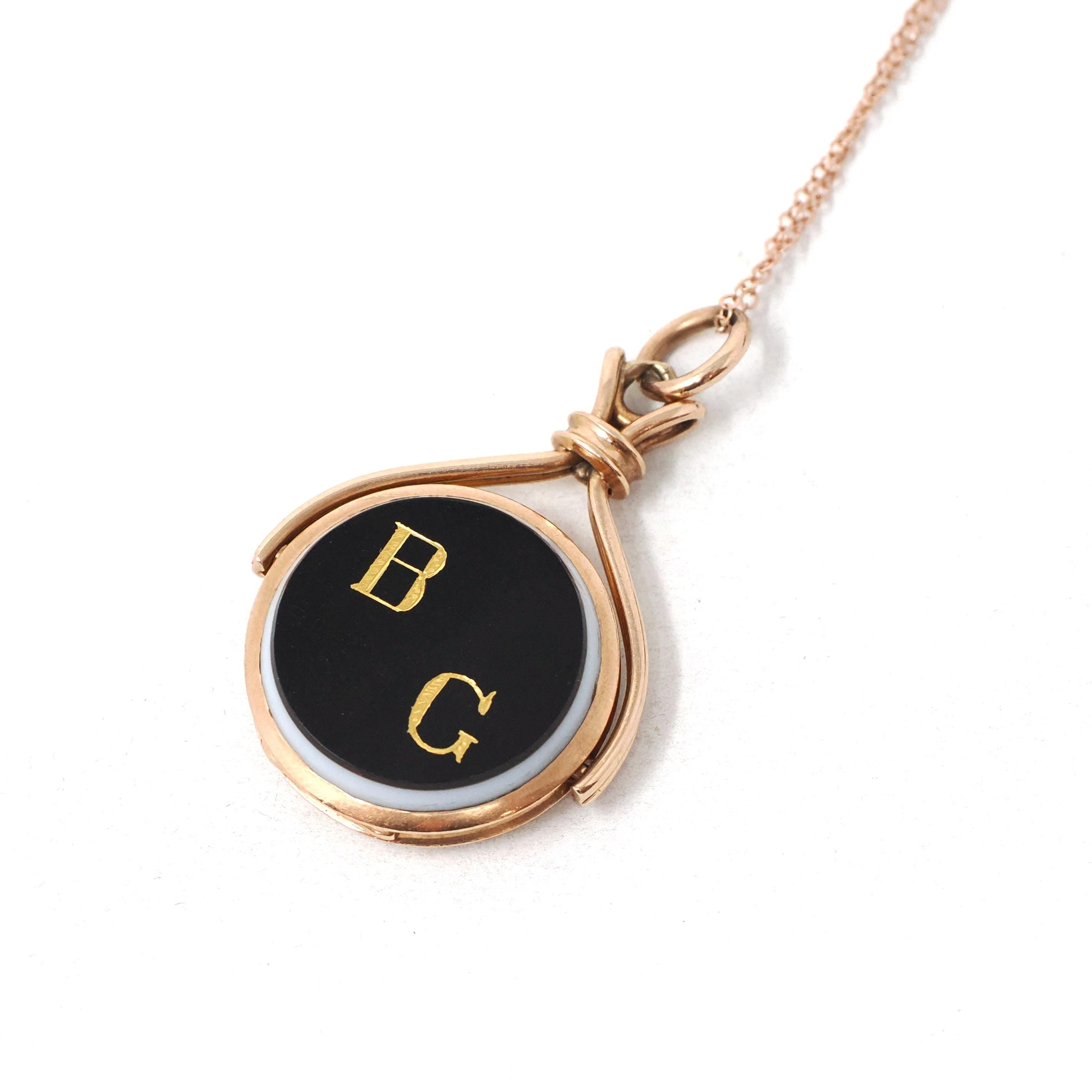 Antique Spinner Locket - Victorian 10k Rose Gold Sardonyx & Onyx Engraved Initial "BG" Gem Fob Necklace - Circa 1890s Statement Fine Jewelry