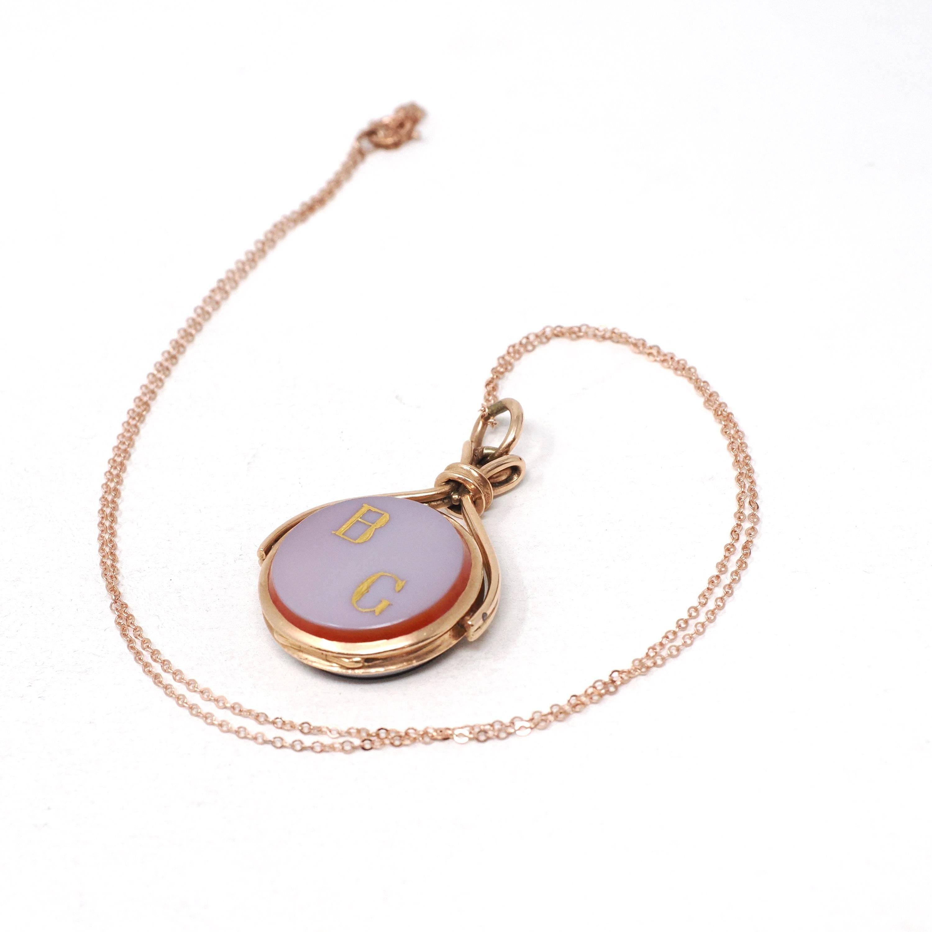 Antique Spinner Locket - Victorian 10k Rose Gold Sardonyx & Onyx Engraved Initial "BG" Gem Fob Necklace - Circa 1890s Statement Fine Jewelry