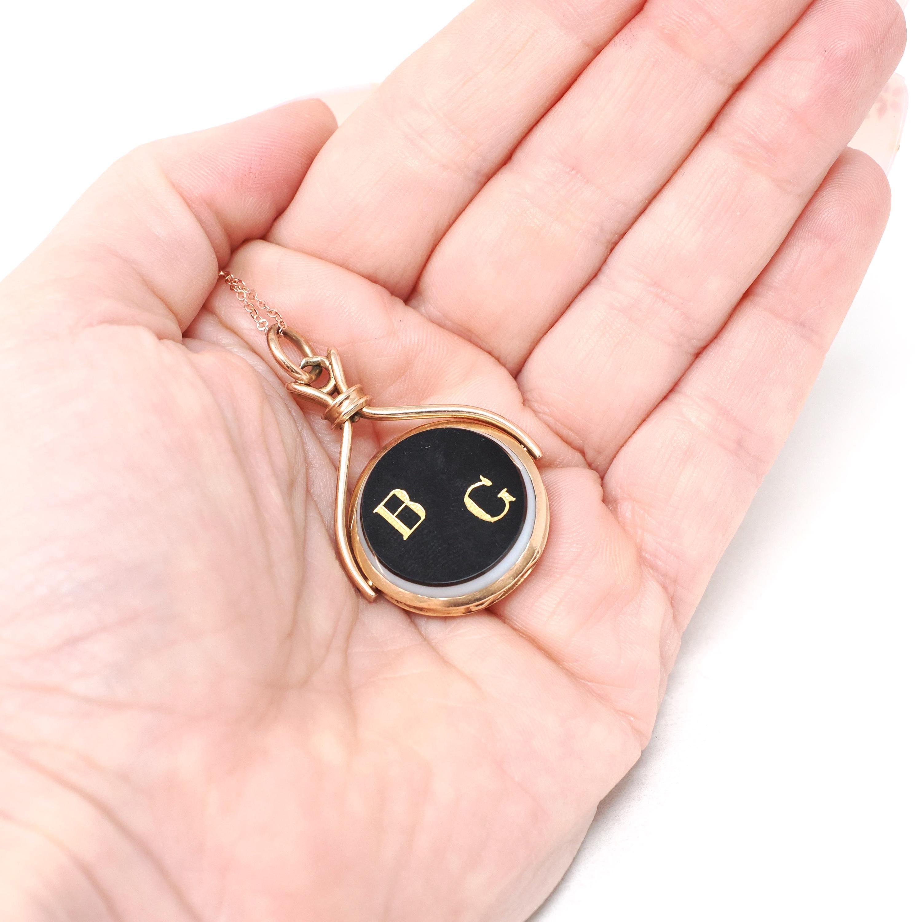 Antique Spinner Locket - Victorian 10k Rose Gold Sardonyx & Onyx Engraved Initial "BG" Gem Fob Necklace - Circa 1890s Statement Fine Jewelry
