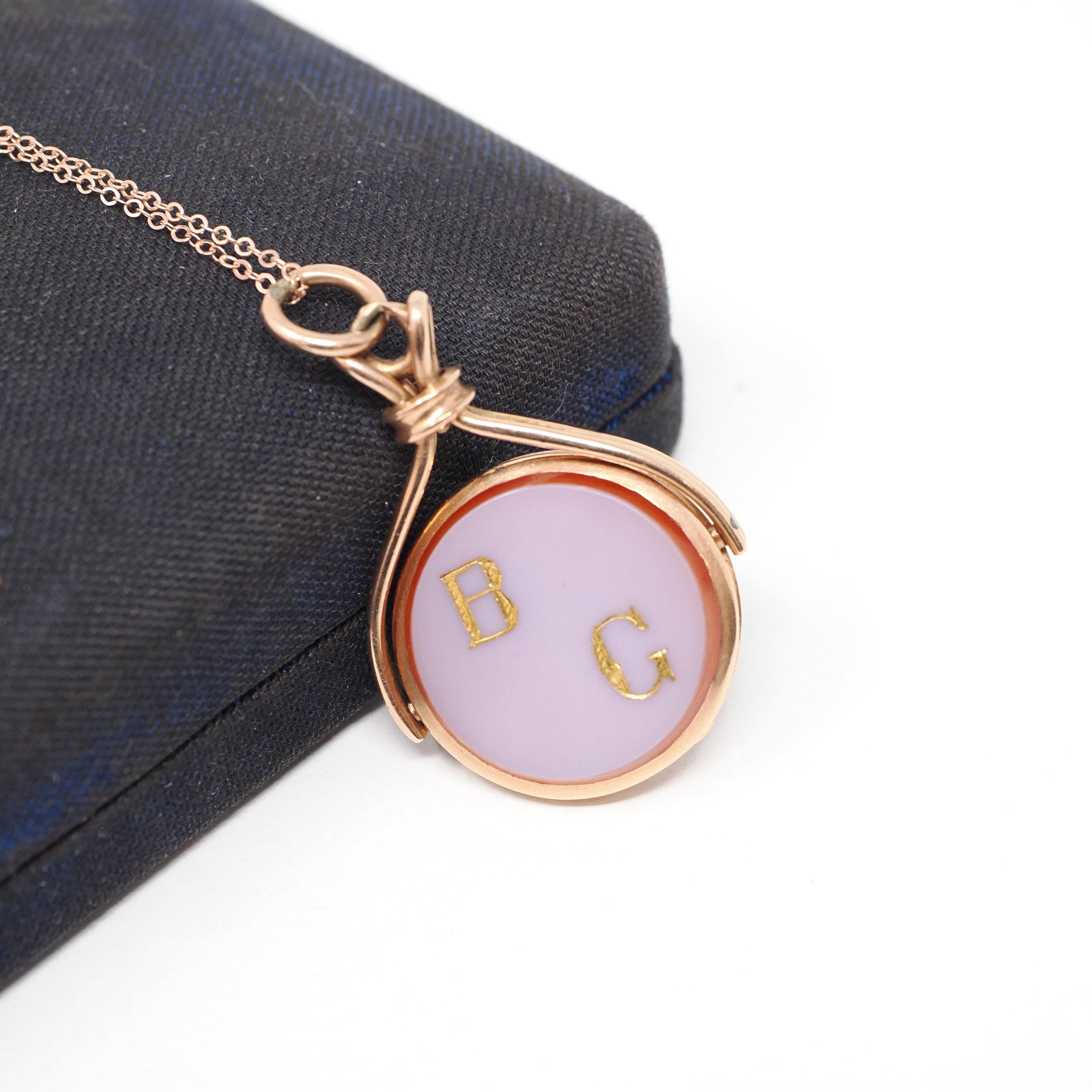 Antique Spinner Locket - Victorian 10k Rose Gold Sardonyx & Onyx Engraved Initial "BG" Gem Fob Necklace - Circa 1890s Statement Fine Jewelry