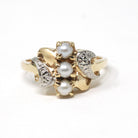 Pearl Bypass Ring - Mid Century 10k Two Tone Gold 3.5 MM Organic Cultured Gems - Vintage Circa 1960s Era Size 8.5 Fine Statement Jewelry