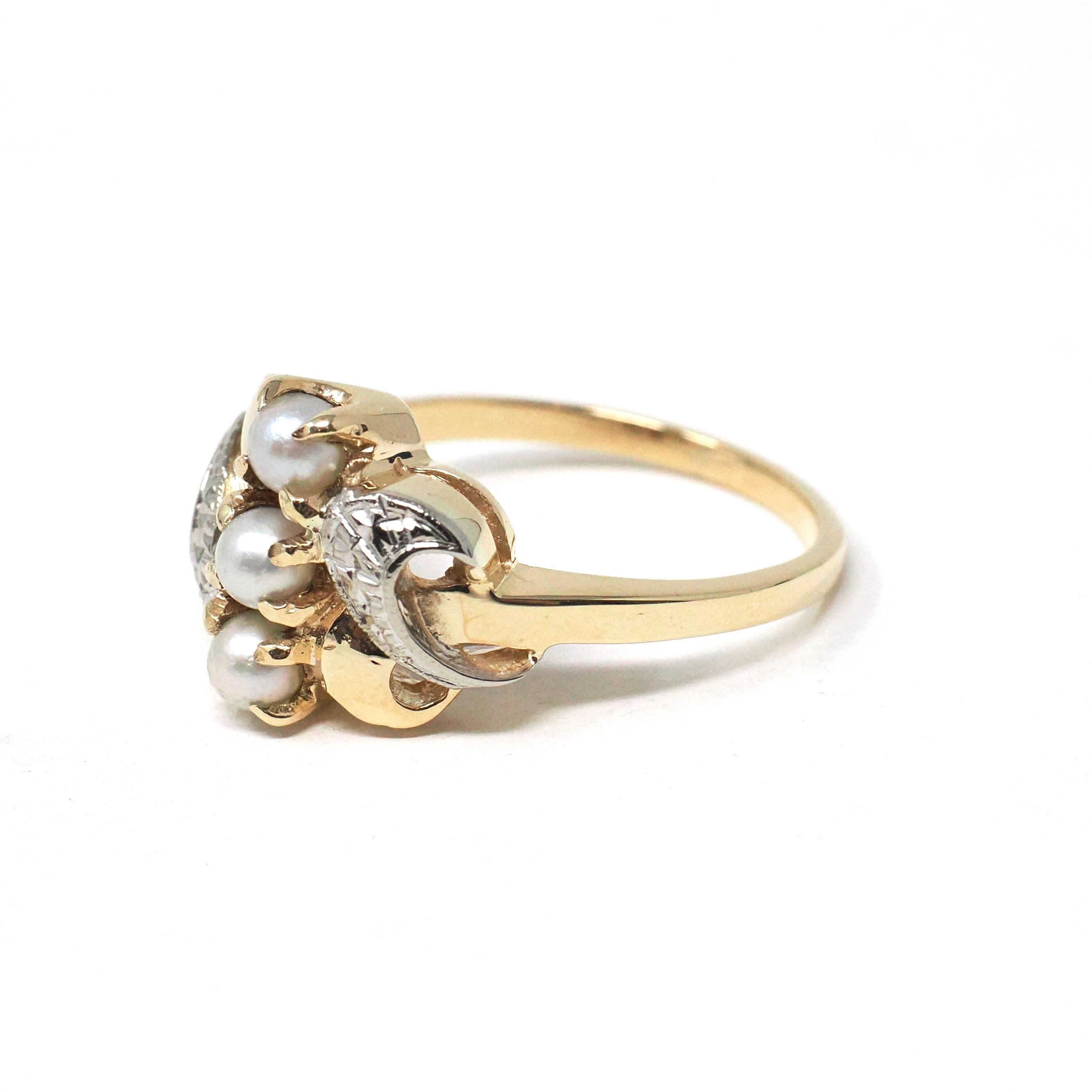 Pearl Bypass Ring - Mid Century 10k Two Tone Gold 3.5 MM Organic Cultured Gems - Vintage Circa 1960s Era Size 8.5 Fine Statement Jewelry