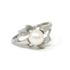 Vintage Pearl Ring - Mid Century 10k White Gold Cultured Organic 6 MM Gemstone - Circa 1960s Size 5 June Birthstone Leaf Motif Fine Jewelry