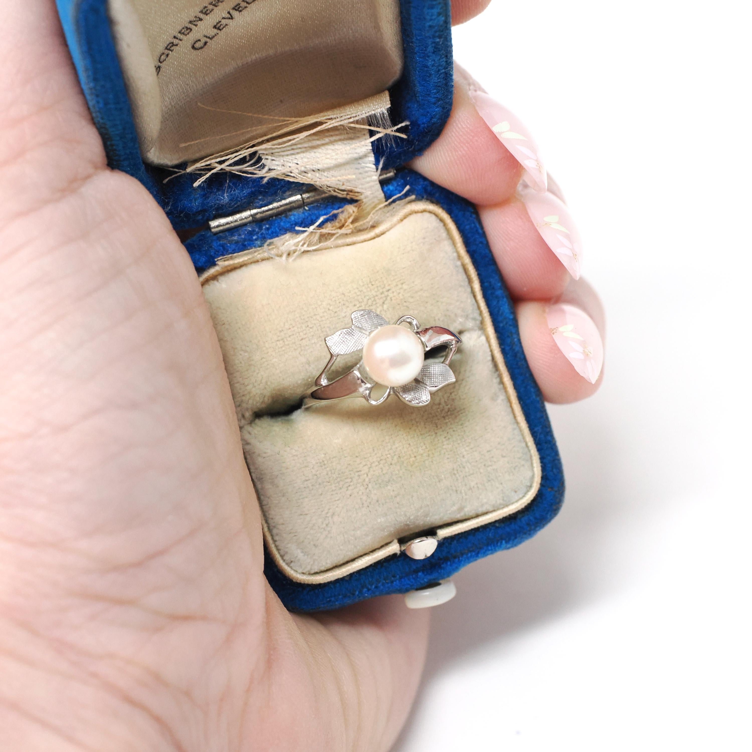 Vintage Pearl Ring - Mid Century 10k White Gold Cultured Organic 6 MM Gemstone - Circa 1960s Size 5 June Birthstone Leaf Motif Fine Jewelry