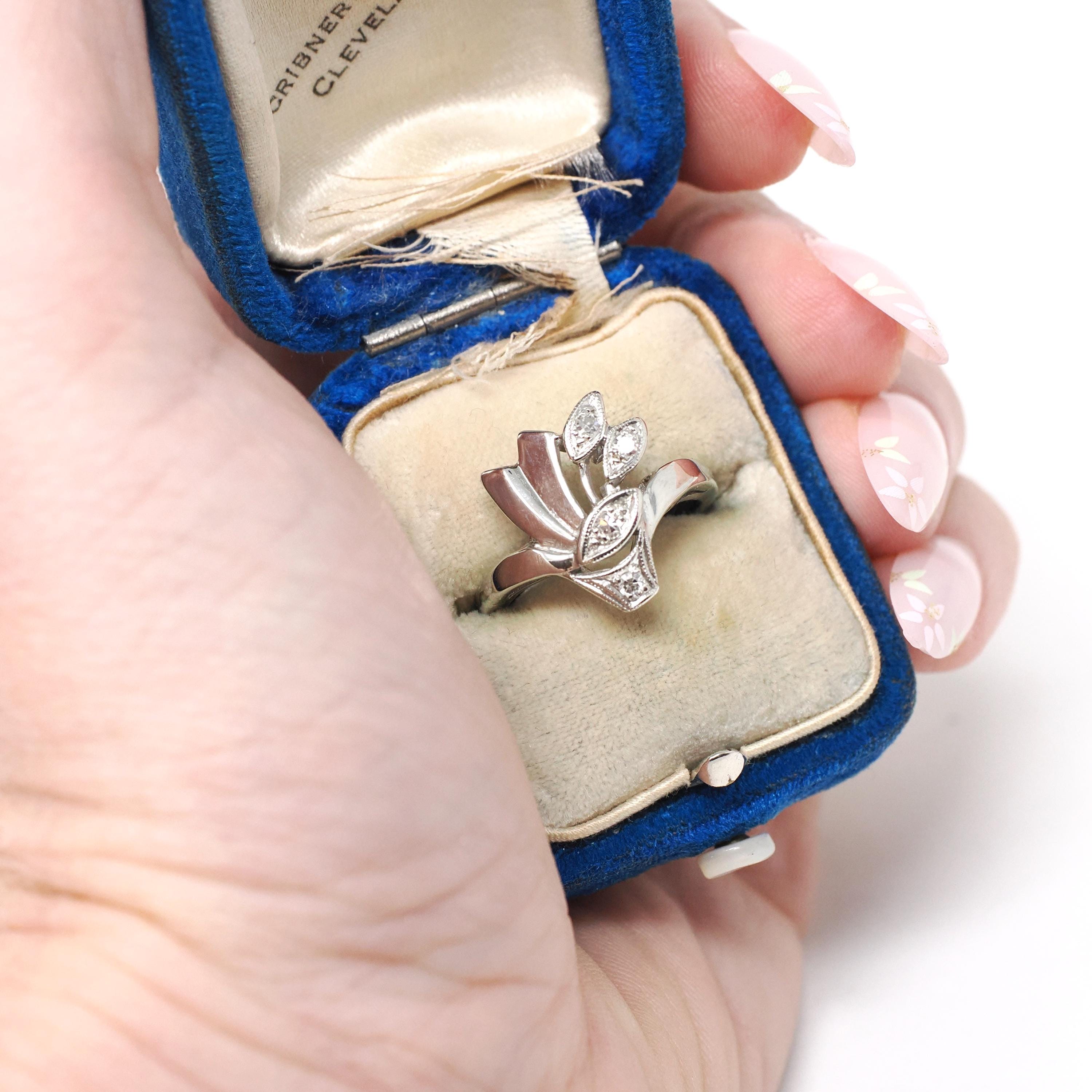 Vintage Diamond Ring - Mid Century 14k White Gold .10CTW Asymmetrical Cocktail Statement - Circa 1940s Size 5 Cluster Spray Fan Fine Jewelry