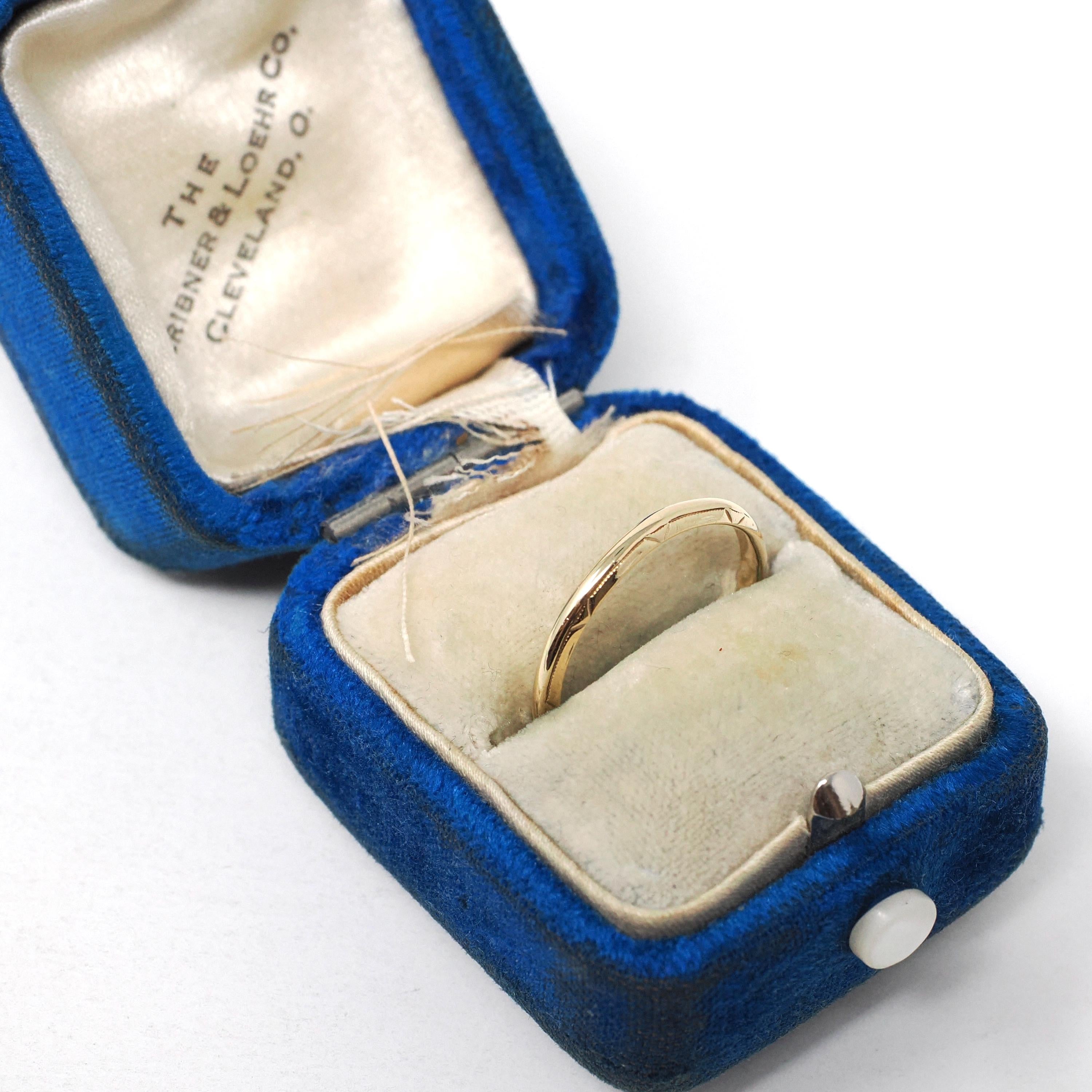 Vintage Wedding Band - Art Deco Era 14k Yellow Gold Milgrain Engraved 1.9mm Ring - Circa 1930s Size 5 3/4 Comfort Fit Fine Belais Jewelry