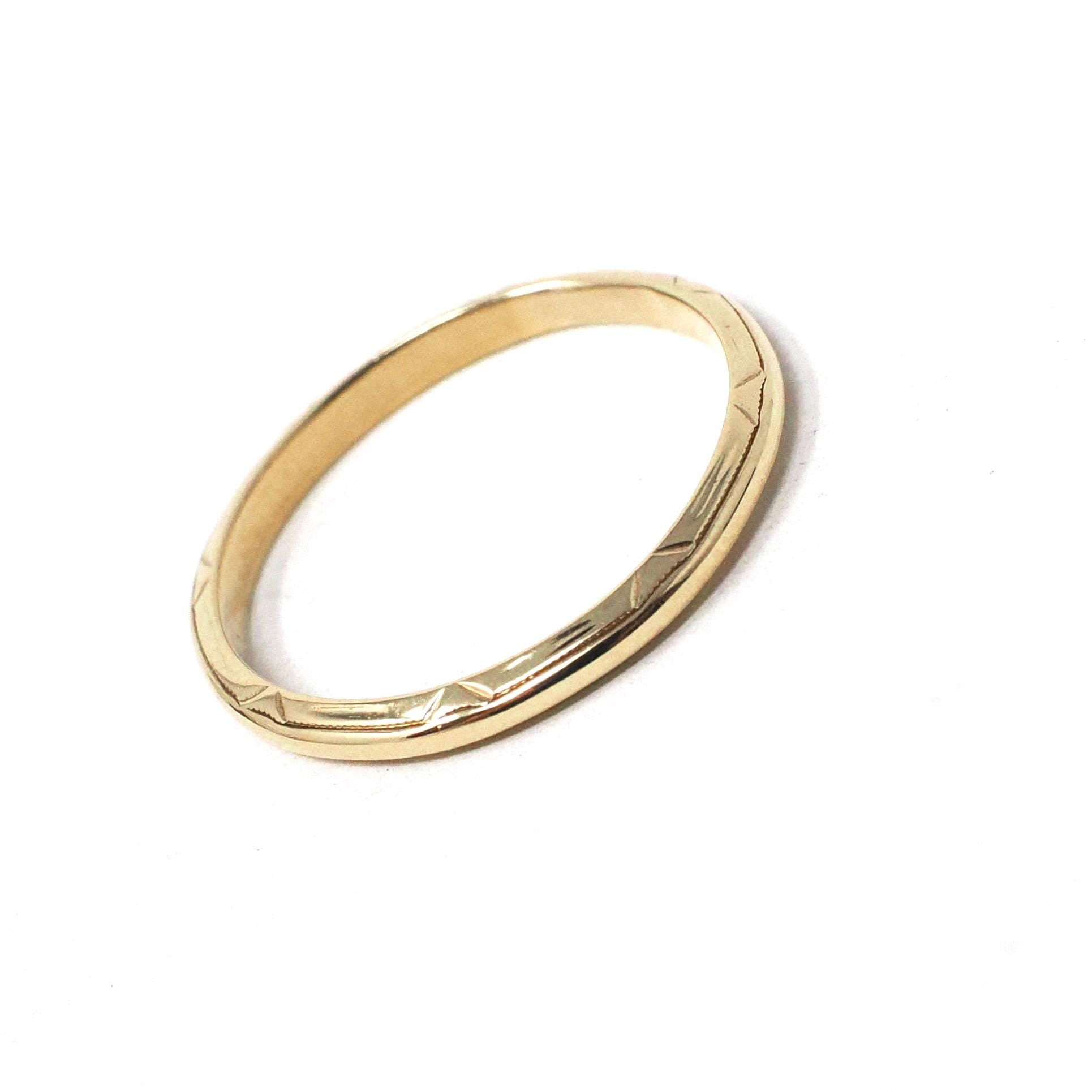 Vintage Wedding Band - Art Deco Era 14k Yellow Gold Milgrain Engraved 1.9mm Ring - Circa 1930s Size 5 3/4 Comfort Fit Fine Belais Jewelry