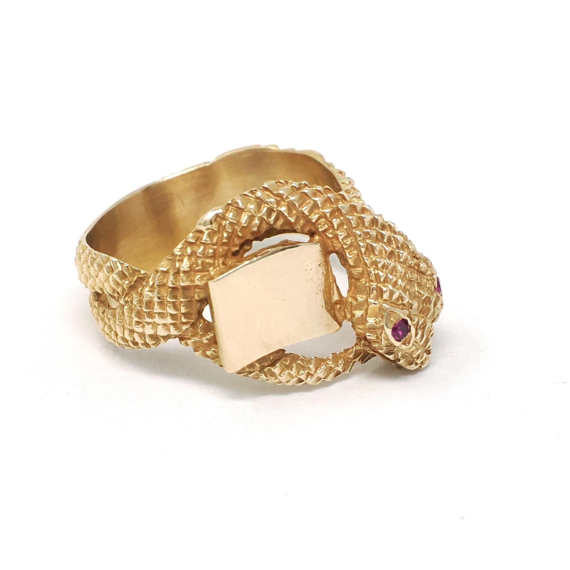 Vintage Snake Ring - Retro 10k Yellow Gold Serpent Scales Wrap Band Created Ruby Blank Signet - Circa 1970s Size 8 Engravable Fine Jewelry