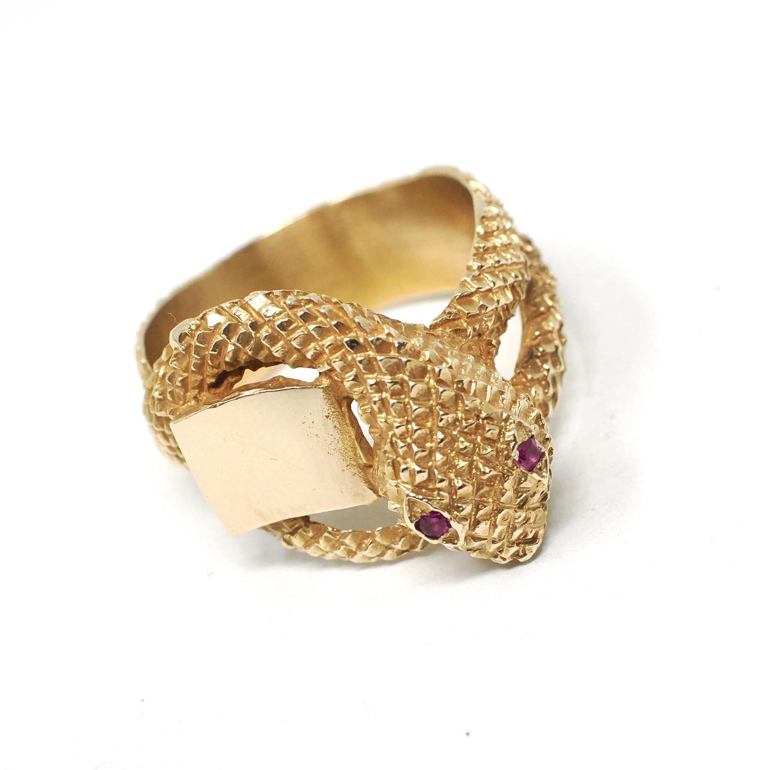 Vintage Snake Ring - Retro 10k Yellow Gold Serpent Scales Wrap Band Created Ruby Blank Signet - Circa 1970s Size 8 Engravable Fine Jewelry
