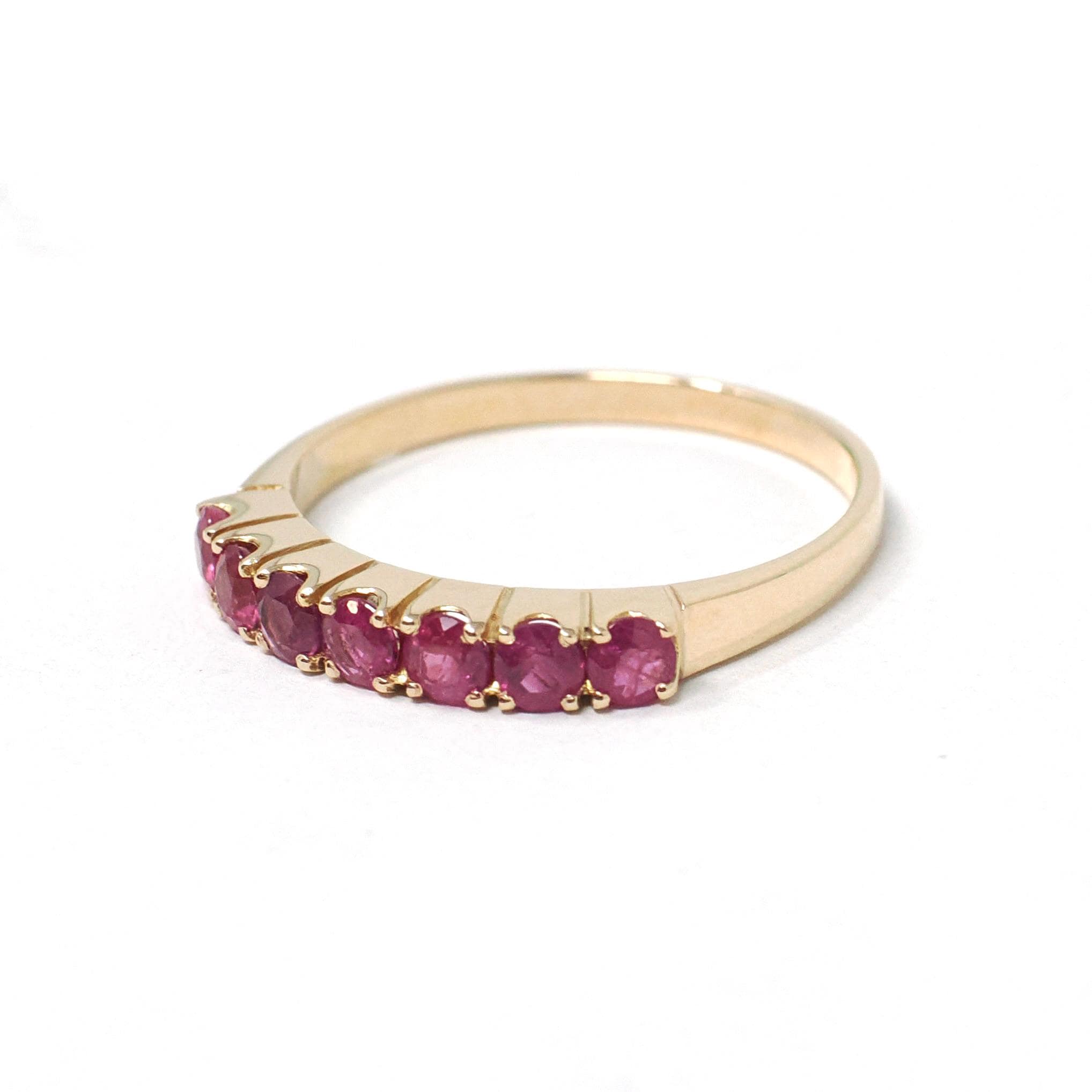 Modern Ruby Band - Estate 14k Yellow Gold Round Faceted Gems Stacking Ring - Vintage Circa 1990's Era Size 7 3/4 July Birthstone Jewelry