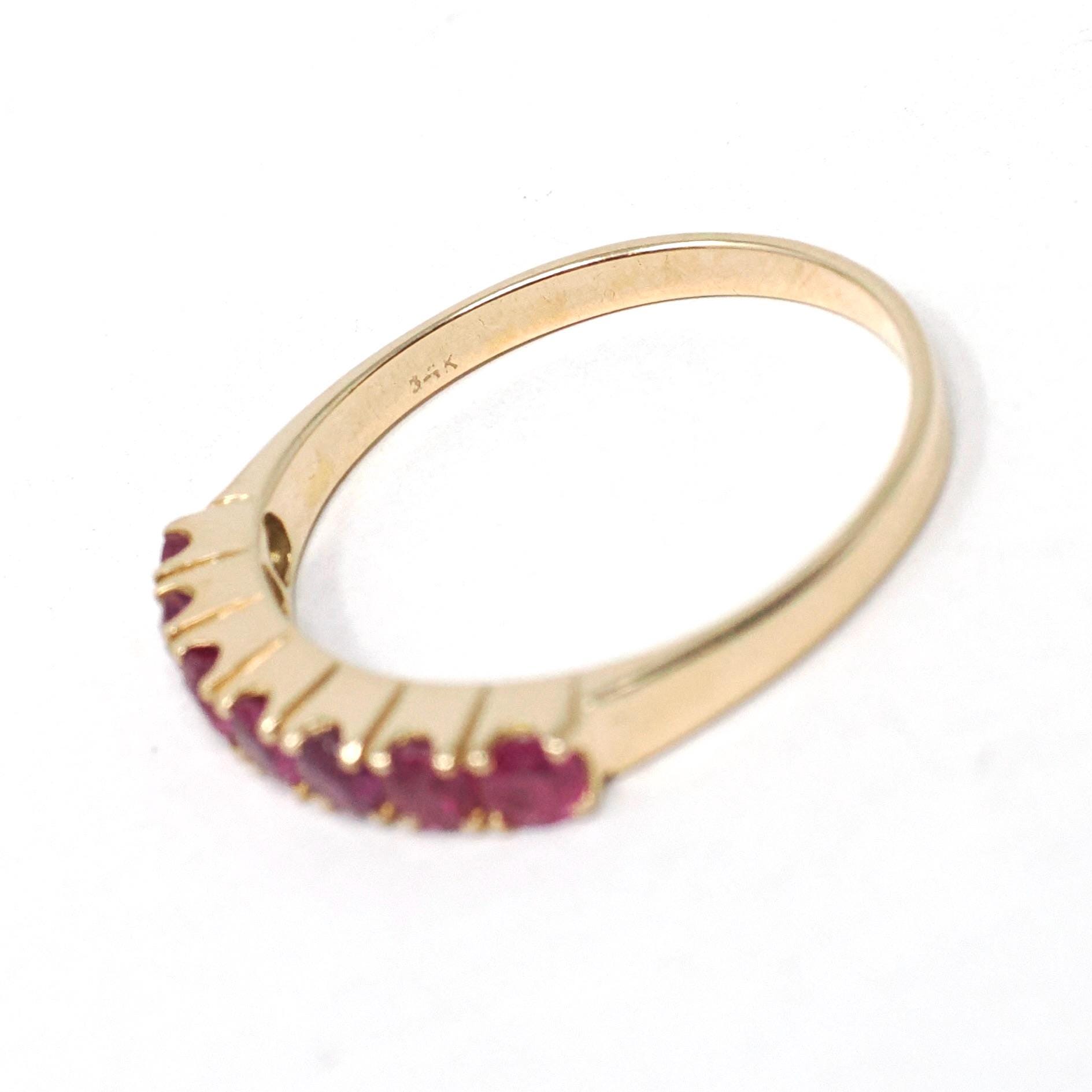 Modern Ruby Band - Estate 14k Yellow Gold Round Faceted Gems Stacking Ring - Vintage Circa 1990's Era Size 7 3/4 July Birthstone Jewelry