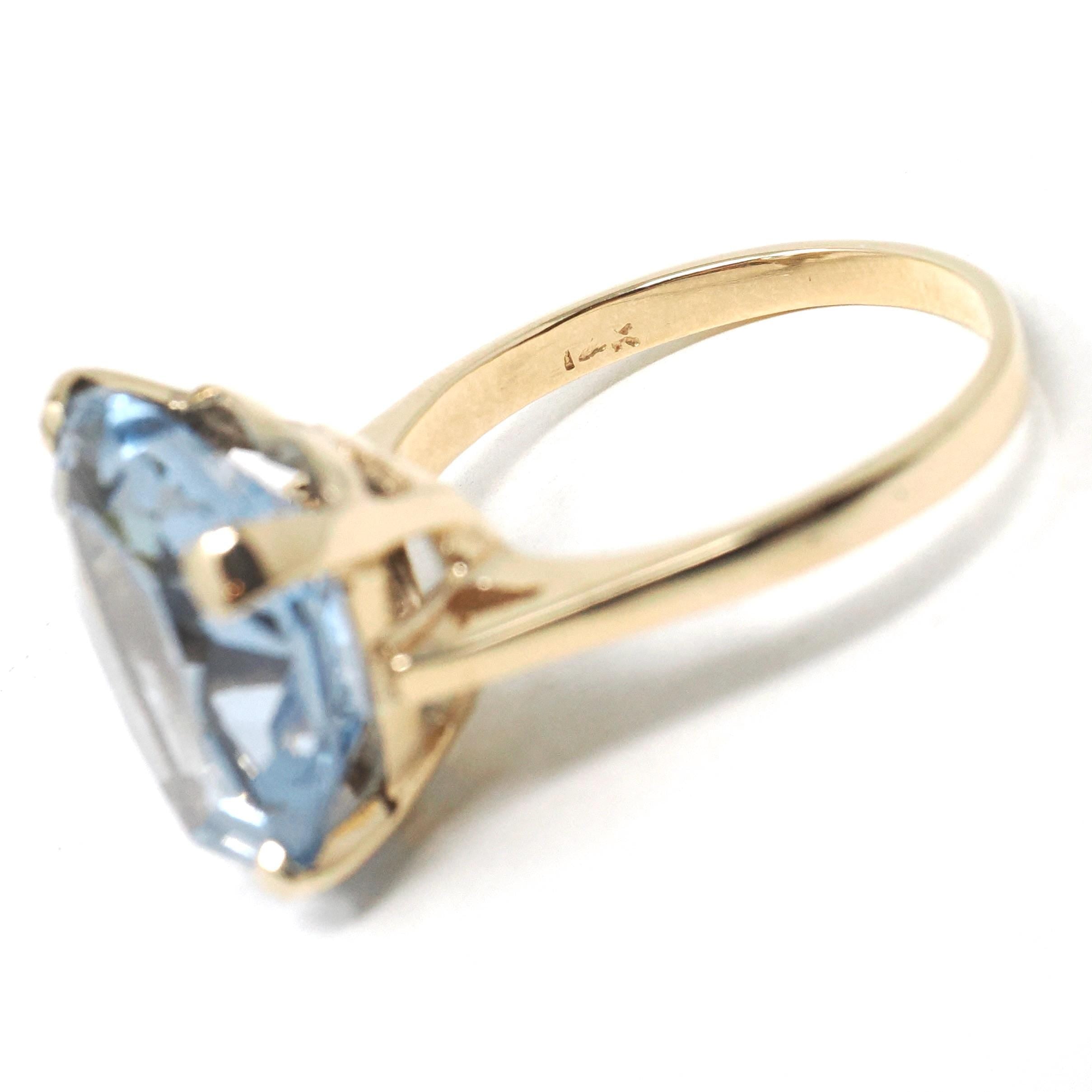 Modern Heart Ring - Estate 14k Yellow Gold Light Blue Created Spinel Faceted Gemstone - Circa 1980s Era Size 8 3/4 Fine Statement Jewelry
