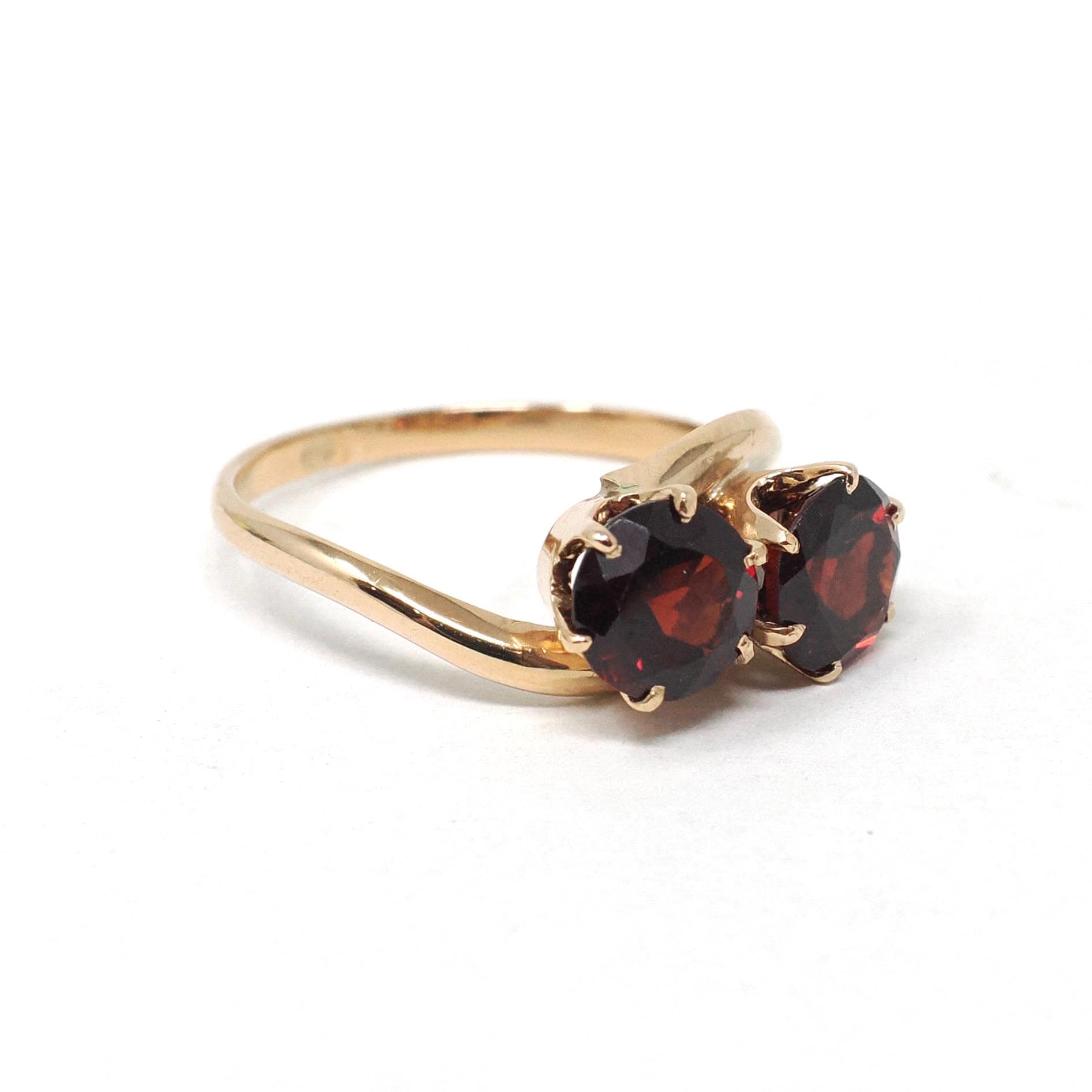 Toi Et Moi Ring - Vintage 10k Rosy Yellow Gold Red Garnet Gems Bypass - Retro Circa 1940s Era Size 5 1/2 January Birthstone Fine Jewelry
