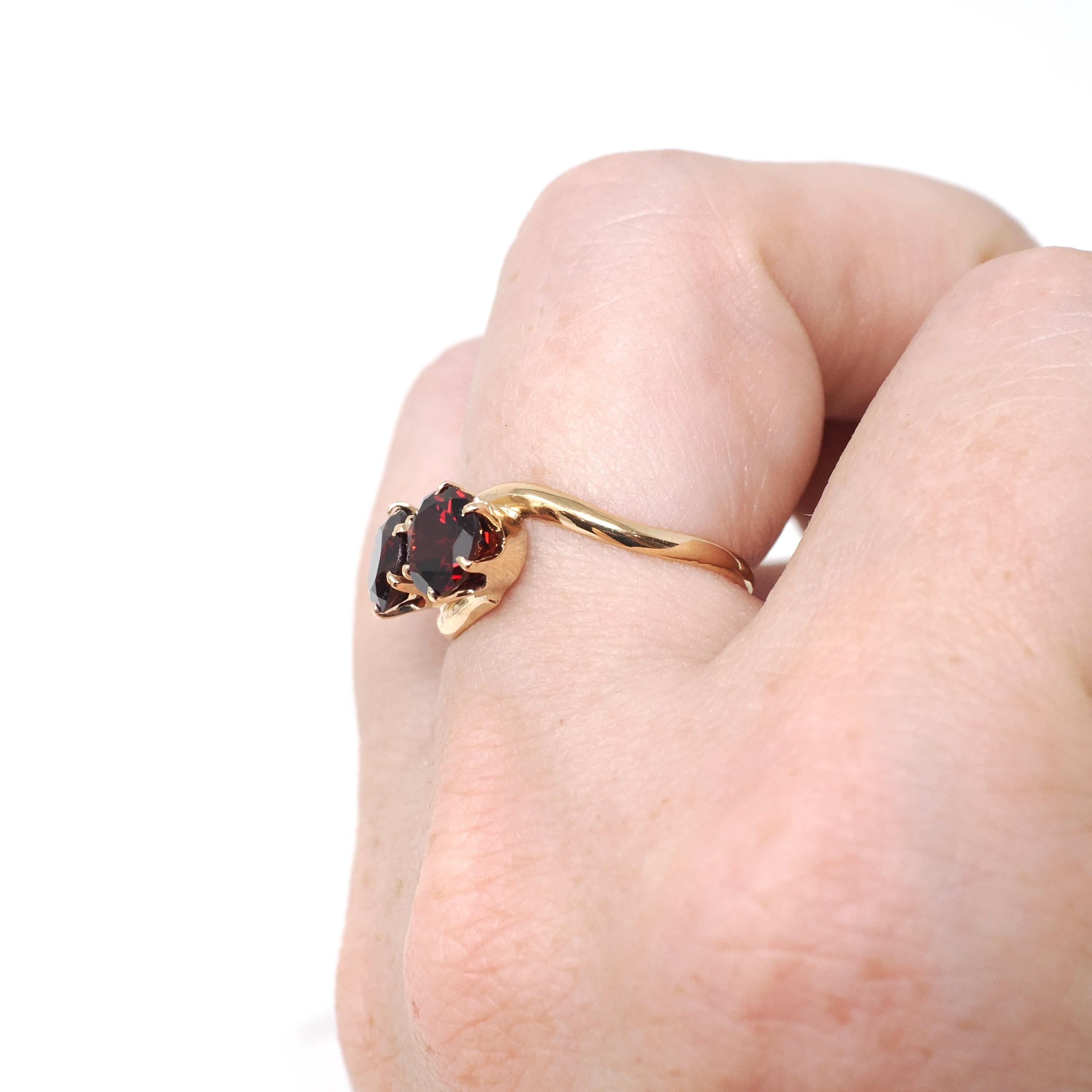 Toi Et Moi Ring - Vintage 10k Rosy Yellow Gold Red Garnet Gems Bypass - Retro Circa 1940s Era Size 5 1/2 January Birthstone Fine Jewelry