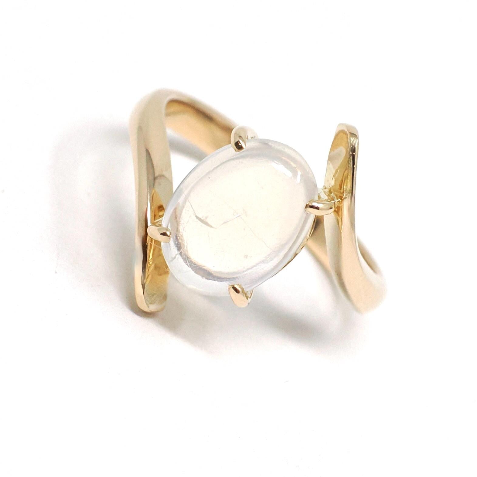 Moonstone Bypass Ring - Vintage 18k Yellow Gold Natural Oval Cabochon Gem -Modern Estate Size 5 3/4 June Birthstone Fine Statement Jewelry