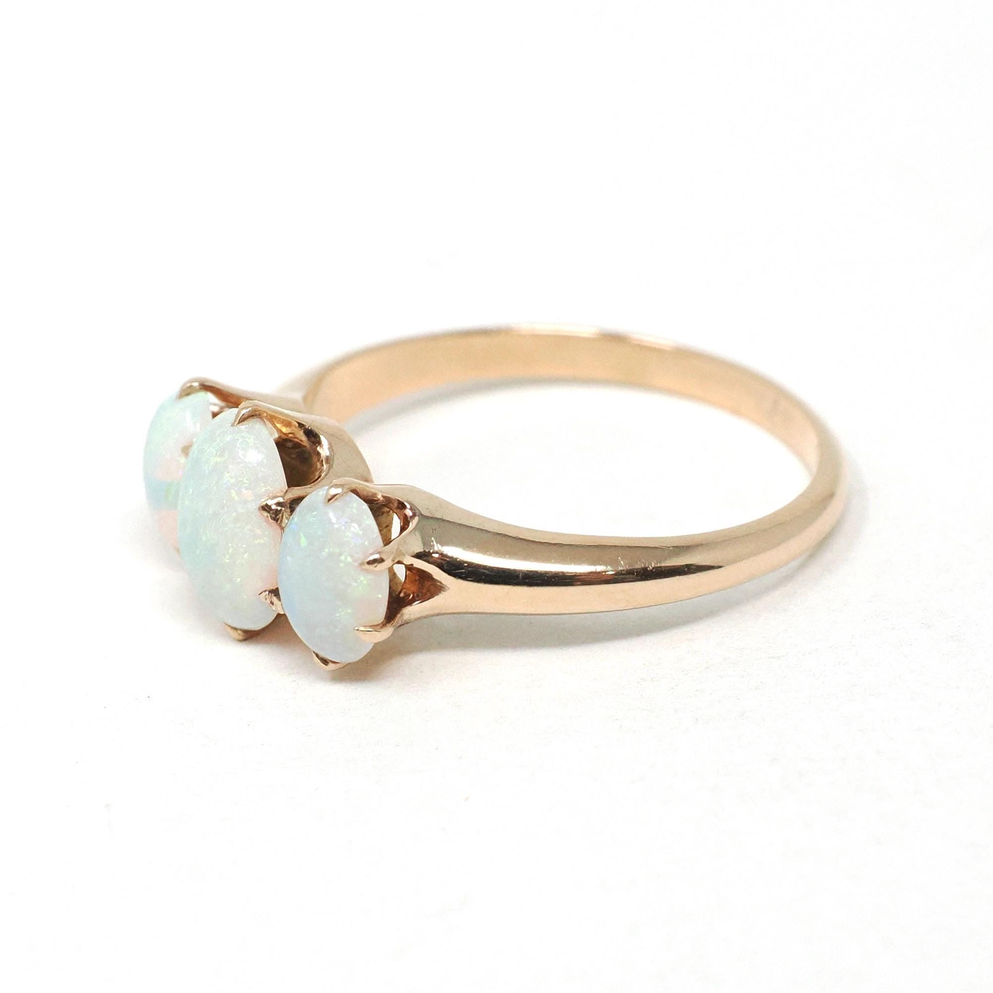 Antique Opal Ring - Edwardian 10k Rosy Yellow Gold Natural Three Cabochon Cut Stones - Circa 1900s Era Size 5 3/4 Fine Statement Jewelry