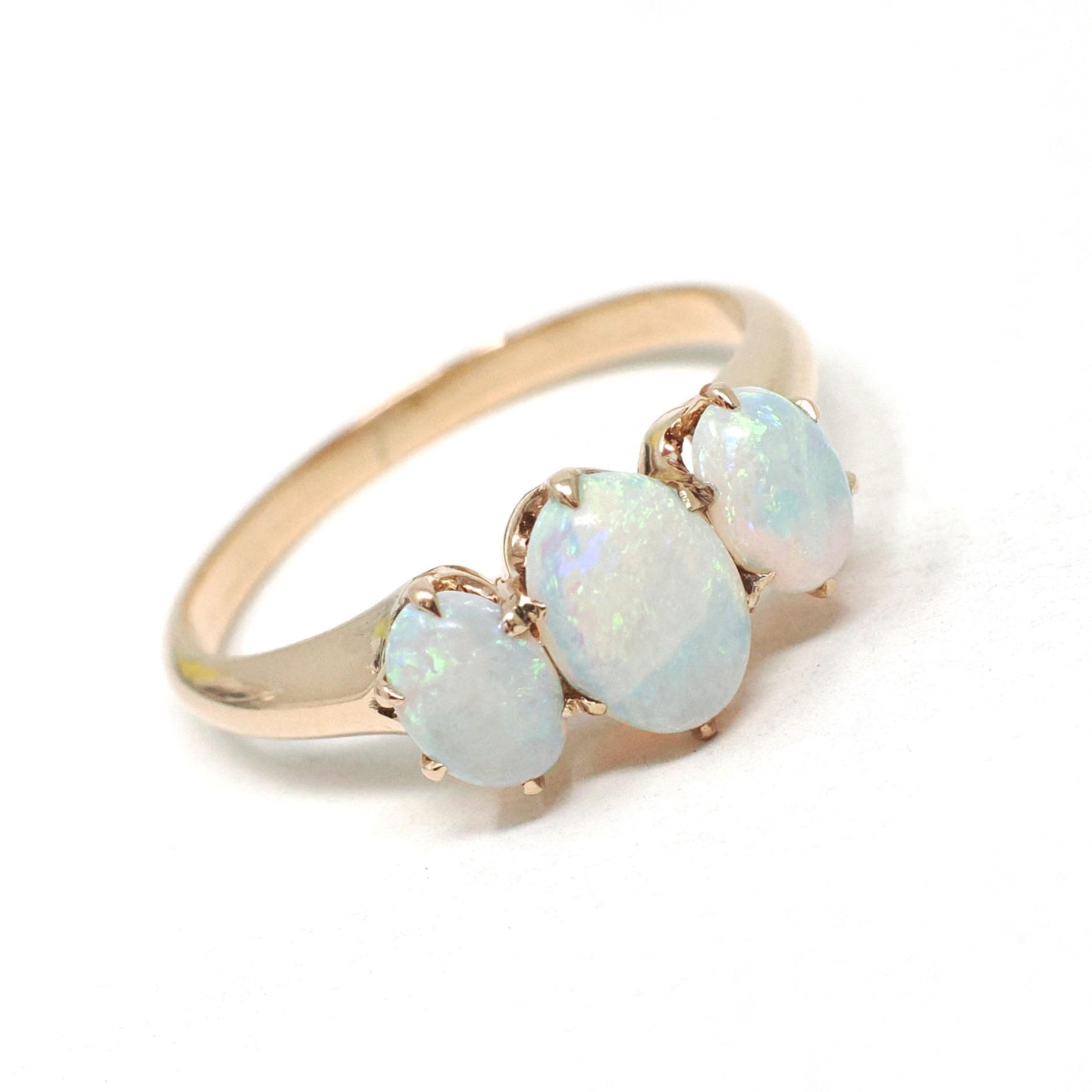 Antique Opal Ring - Edwardian 10k Rosy Yellow Gold Natural Three Cabochon Cut Stones - Circa 1900s Era Size 5 3/4 Fine Statement Jewelry