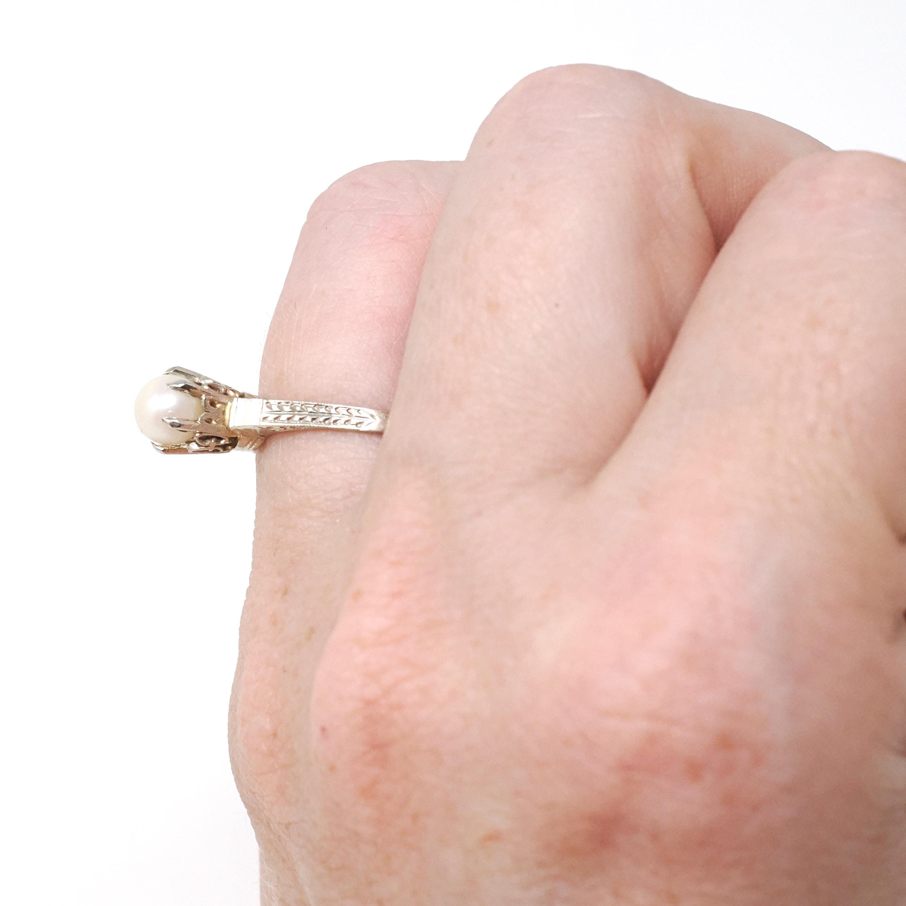 Cultured Pearl Ring - Art Deco 14k White Gold Basket Wheat Designs - Vintage Circa 1930s Size 4 3/4 Solitaire June Birthstone Fine Jewelry