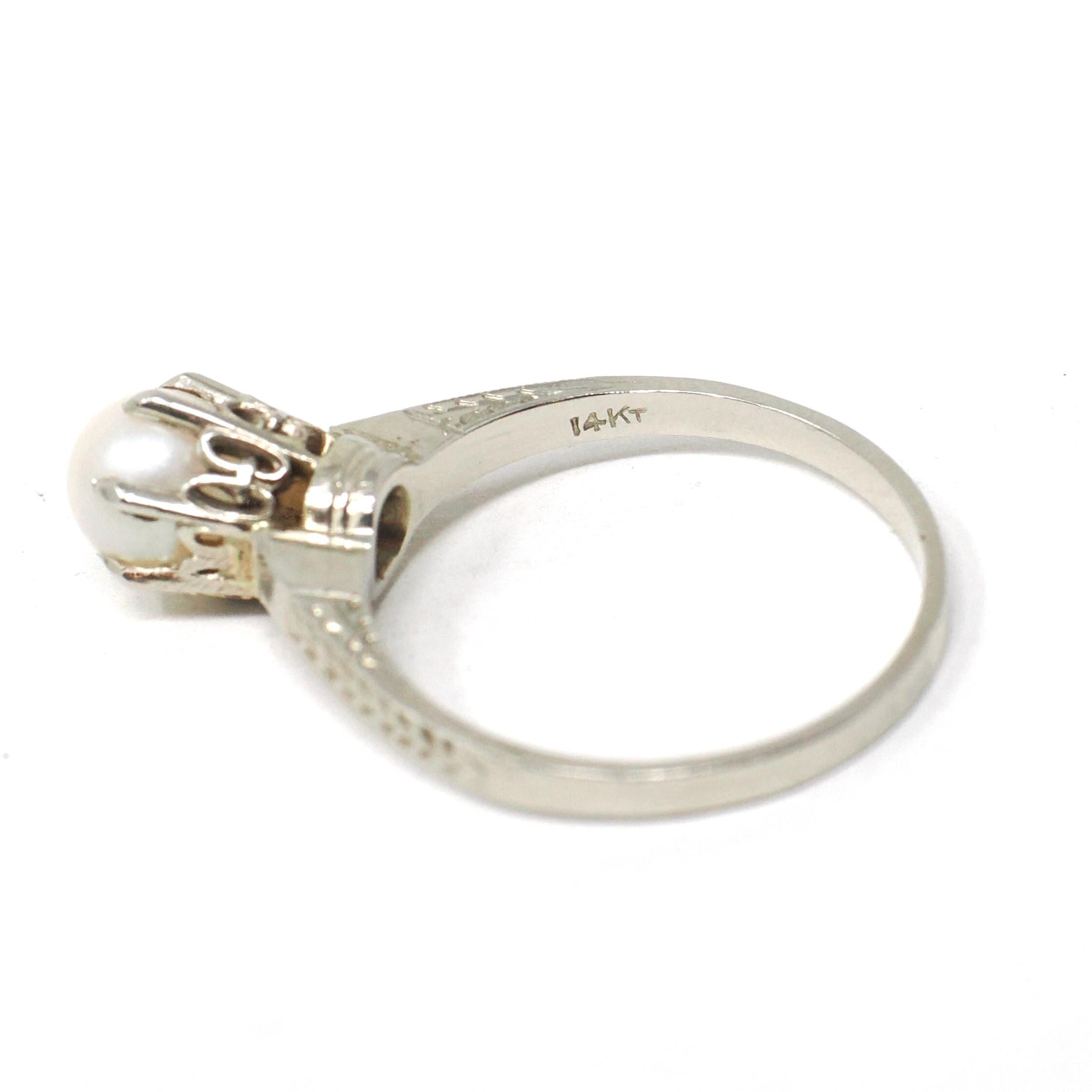 Cultured Pearl Ring - Art Deco 14k White Gold Basket Wheat Designs - Vintage Circa 1930s Size 4 3/4 Solitaire June Birthstone Fine Jewelry