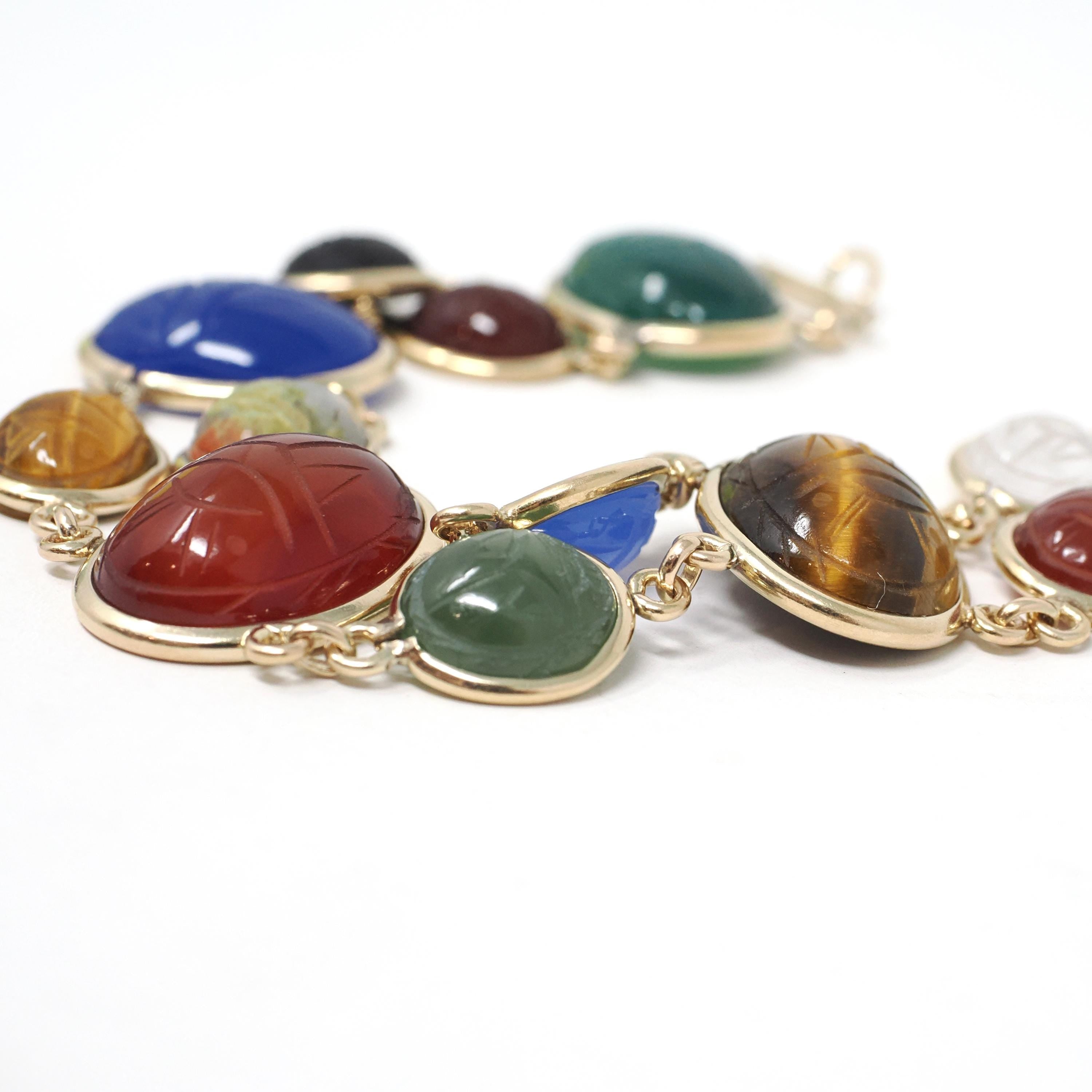 Vintage Scarab Bracelet - Mid Century Gold Filled Carved Natural Multi Gemstones - Circa 1960s Era Egyptian Revival Fashion Jewelry