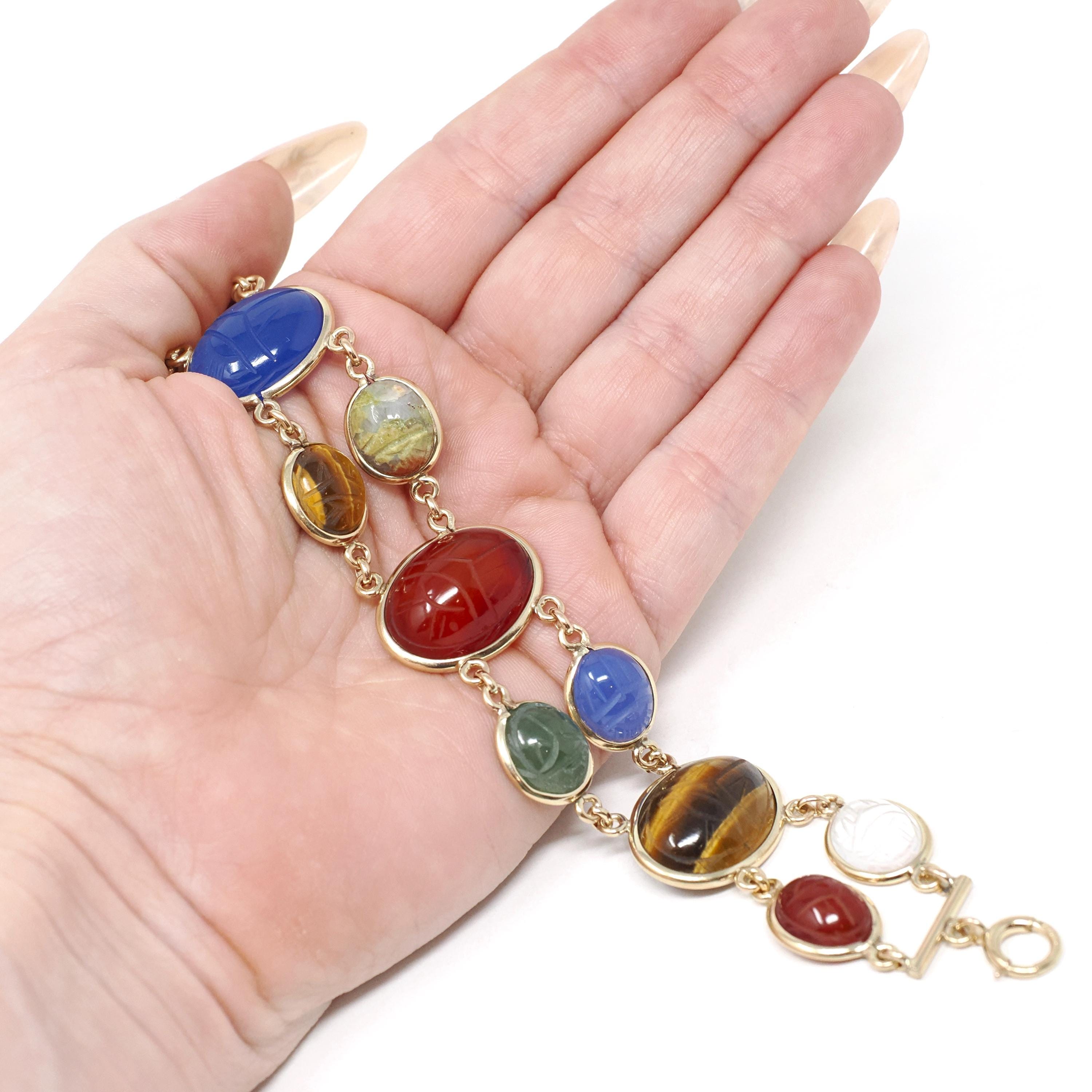 Vintage Scarab Bracelet - Mid Century Gold Filled Carved Natural Multi Gemstones - Circa 1960s Era Egyptian Revival Fashion Jewelry