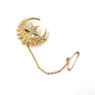Antique Celestial Brooch - Victorian 18k Yellow Gold Seed Pearl Gemstones - Circa 1890s Era Crescent Moon & Star Pin Fine Statement Jewelry