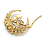 Antique Celestial Brooch - Victorian 18k Yellow Gold Seed Pearl Gemstones - Circa 1890s Era Crescent Moon & Star Pin Fine Statement Jewelry
