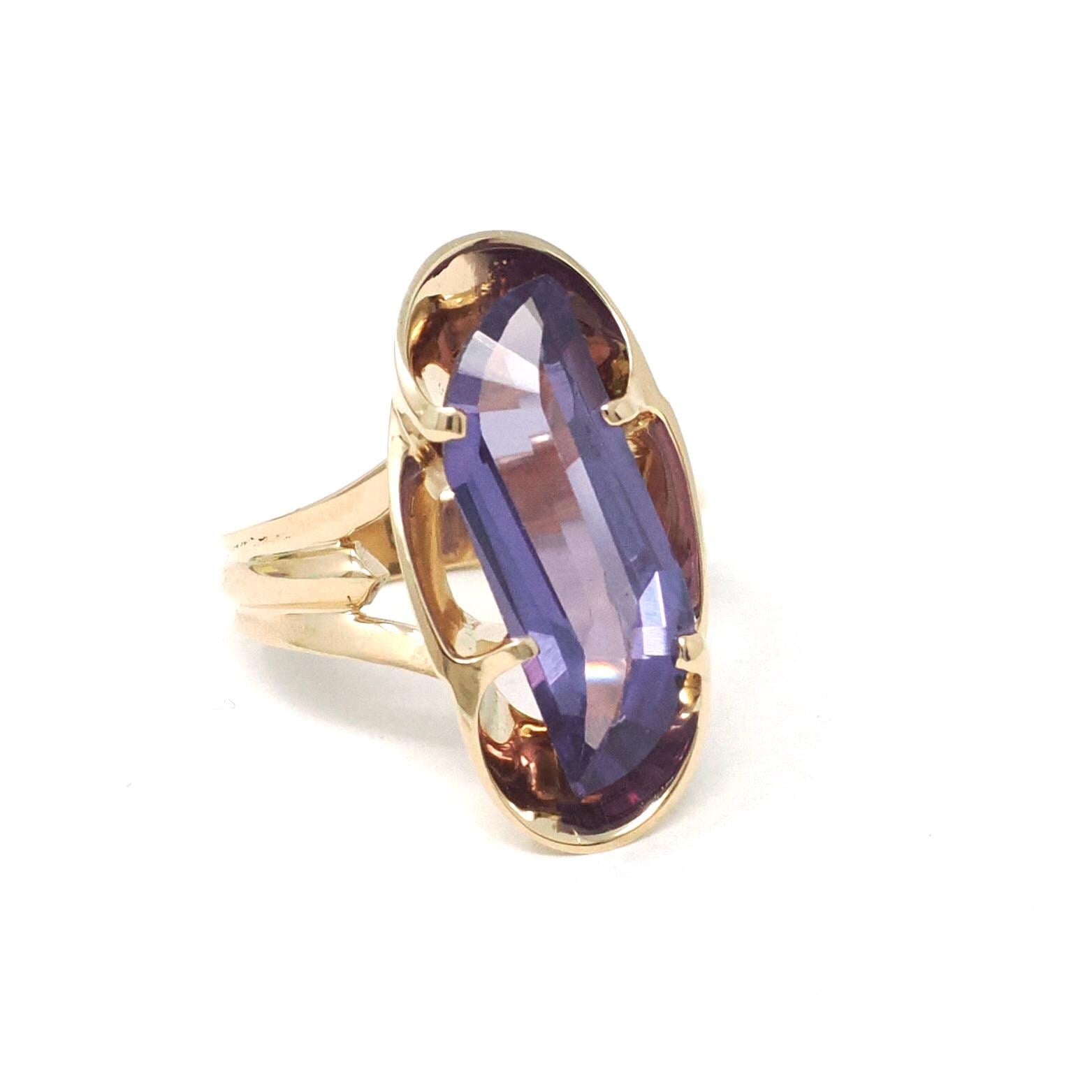 Color Change Ring - Mid Century 14k Yellow Gold Created Purple Blue Sapphire - Vintage Circa 1960s Size 4 Fancy Cut Fine Statement Jewelry