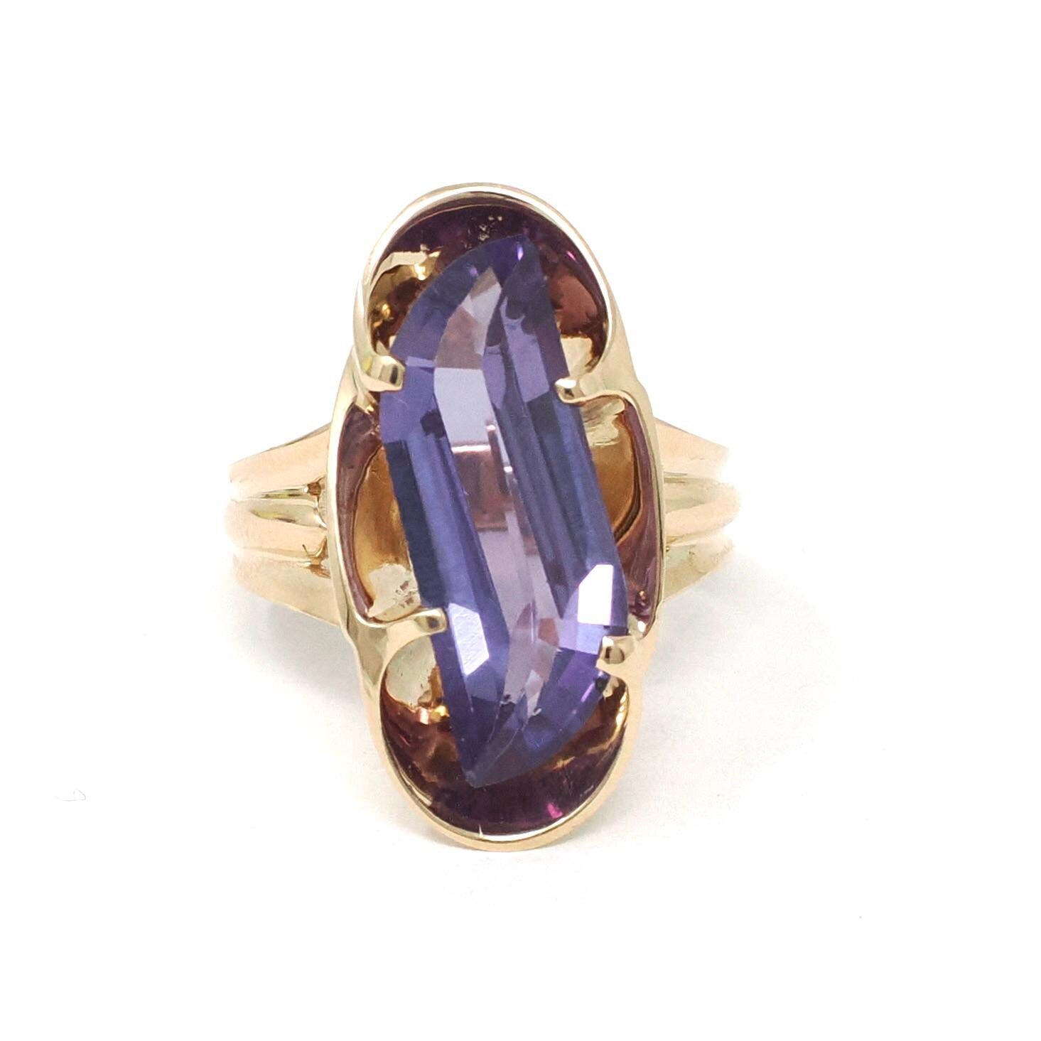 Color Change Ring - Mid Century 14k Yellow Gold Created Purple Blue Sapphire - Vintage Circa 1960s Size 4 Fancy Cut Fine Statement Jewelry
