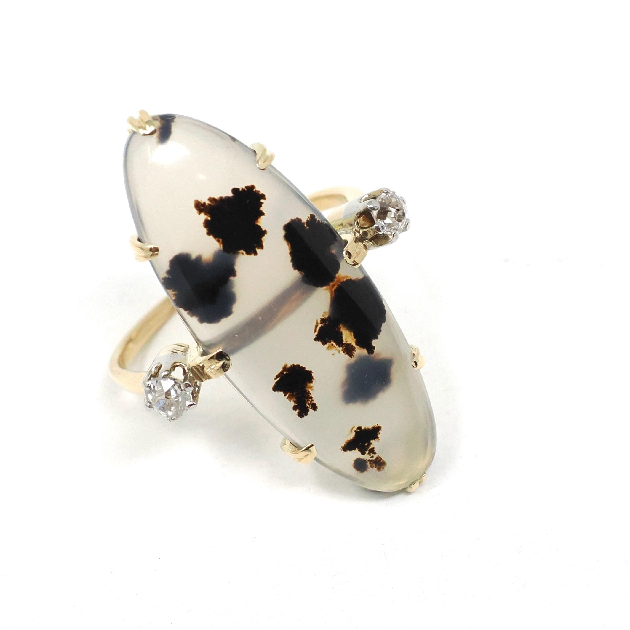 Dendritic Agate Ring - Edwardian 18k Yellow Gold & Platinum Cabochon Cut Gem- Antique Circa 1900s Era Size 6 1/2 Diamond Accent Fine Jewelry