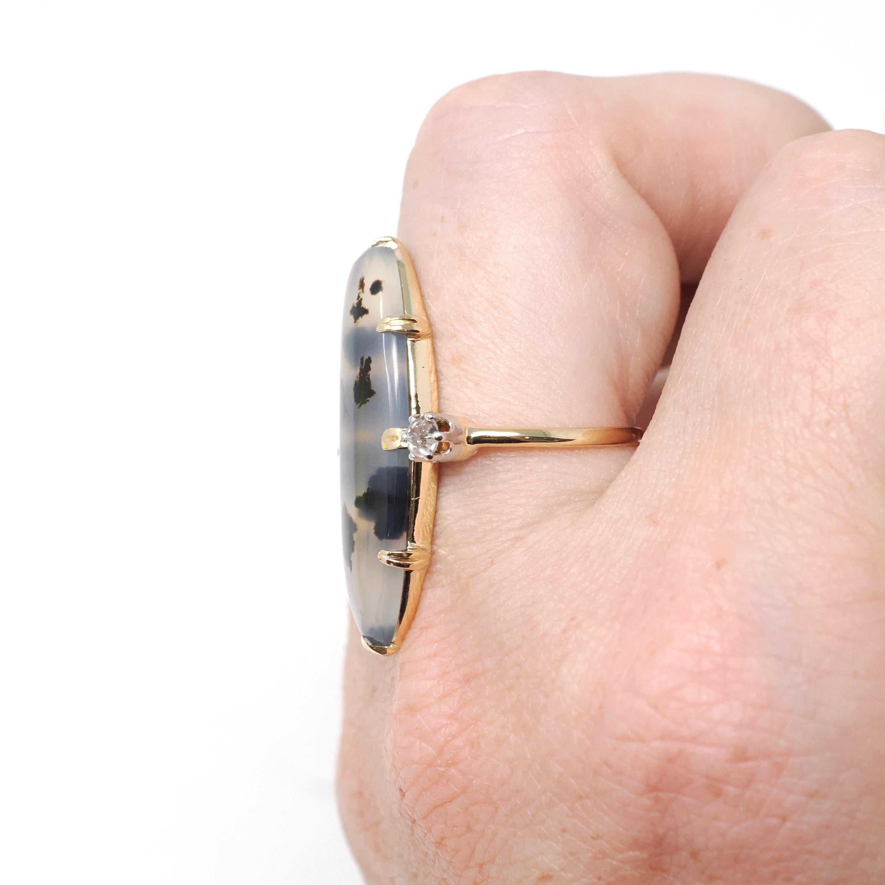 Dendritic Agate Ring - Edwardian 18k Yellow Gold & Platinum Cabochon Cut Gem- Antique Circa 1900s Era Size 6 1/2 Diamond Accent Fine Jewelry