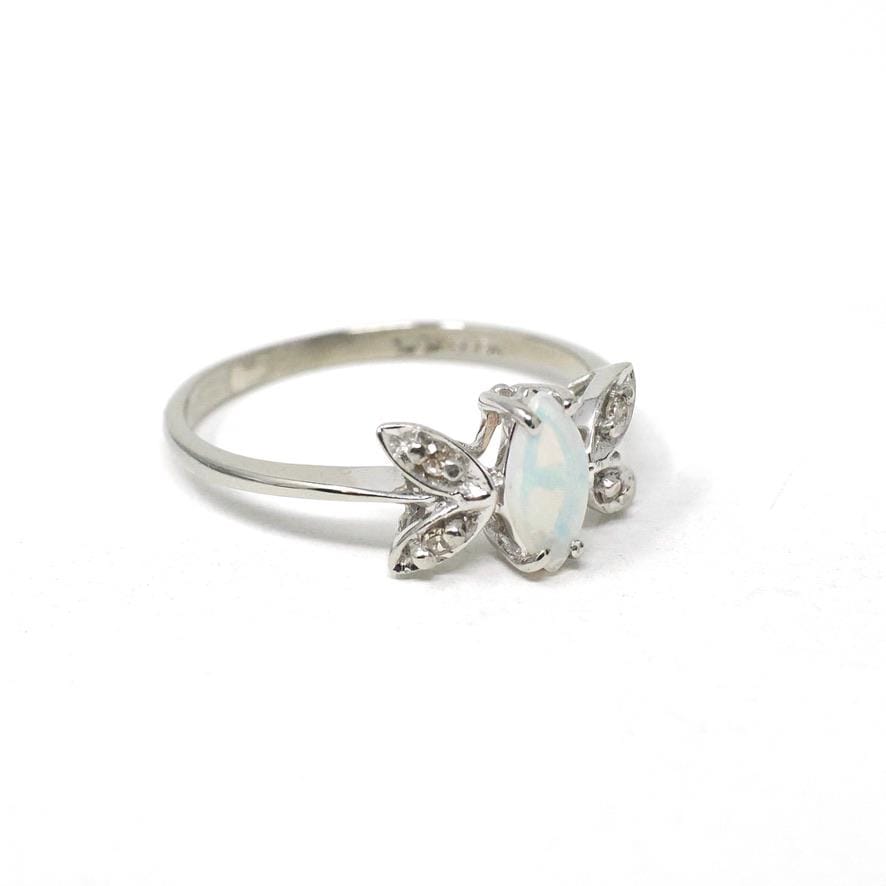 Opal & Diamond Ring - Modern 10k White Gold Cabochon Marquise Butterfly Statement - Estate Circa 2000s Era Size 6 3/4 Dainty Fine Jewelry