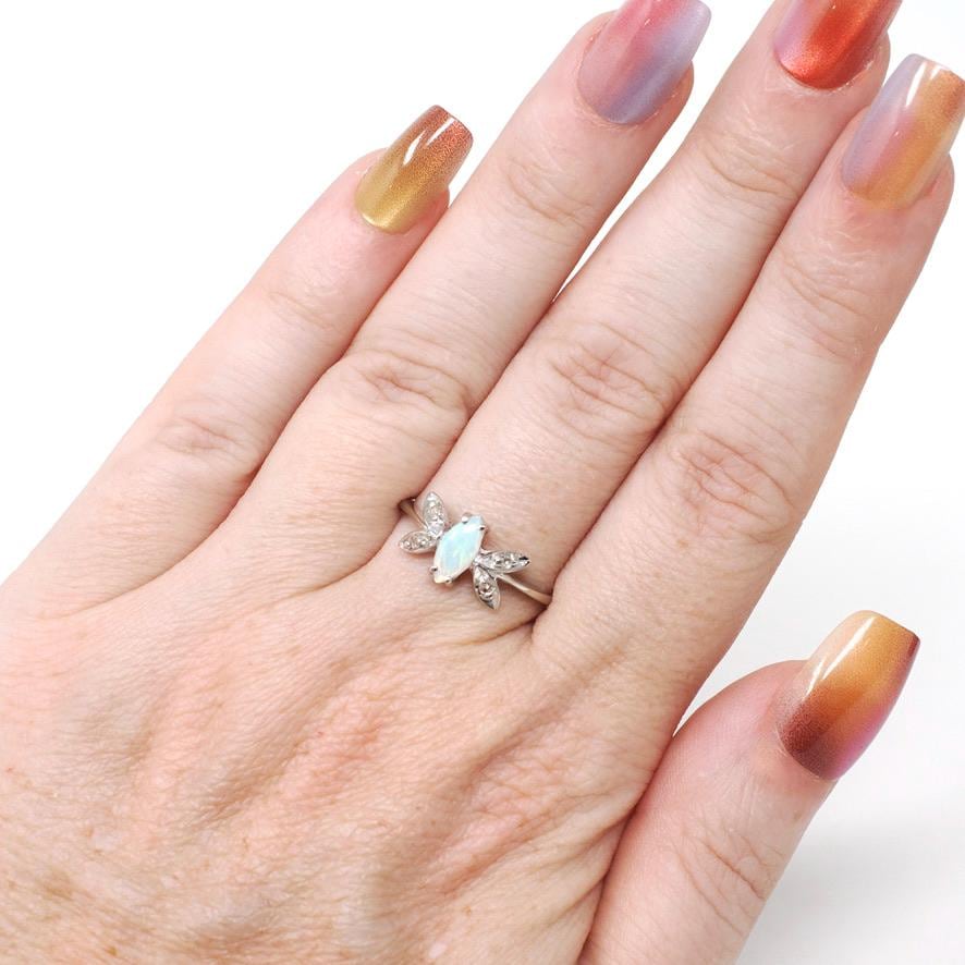 Opal & Diamond Ring - Modern 10k White Gold Cabochon Marquise Butterfly Statement - Estate Circa 2000s Era Size 6 3/4 Dainty Fine Jewelry