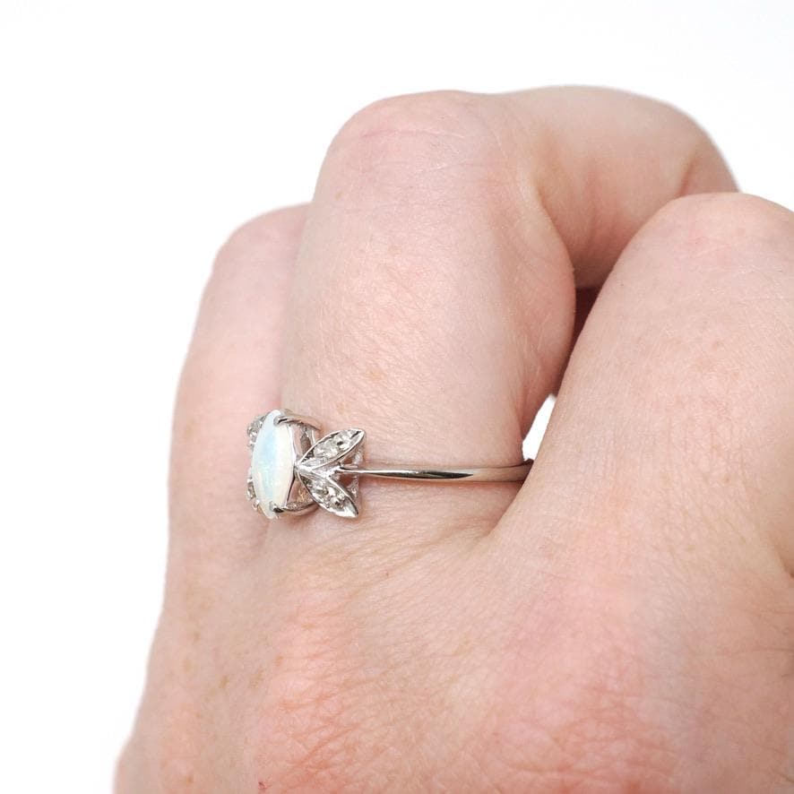 Opal & Diamond Ring - Modern 10k White Gold Cabochon Marquise Butterfly Statement - Estate Circa 2000s Era Size 6 3/4 Dainty Fine Jewelry